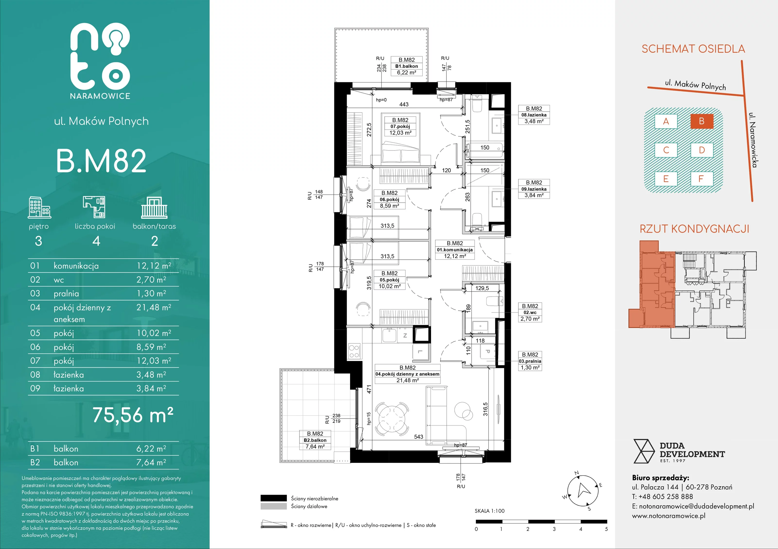 4 pokoje, mieszkanie 75,56 m², piętro 3, oferta nr B/M82 , No to Naramowice, Poznań, Naramowice, Naramowice, ul. Maków Polnych