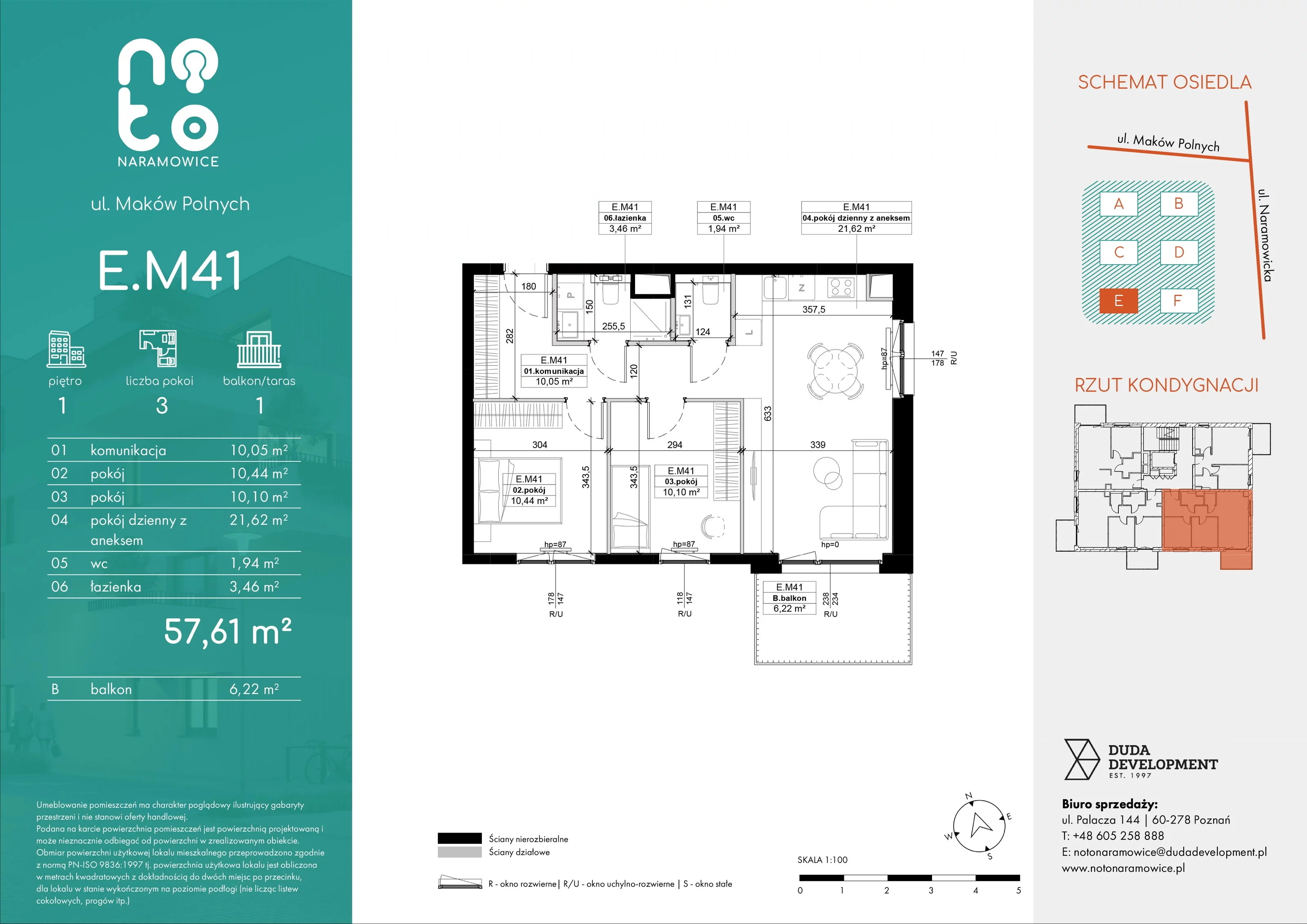 3 pokoje, mieszkanie 57,61 m², piętro 1, oferta nr E/M41 , No to Naramowice, Poznań, Naramowice, Naramowice, ul. Maków Polnych