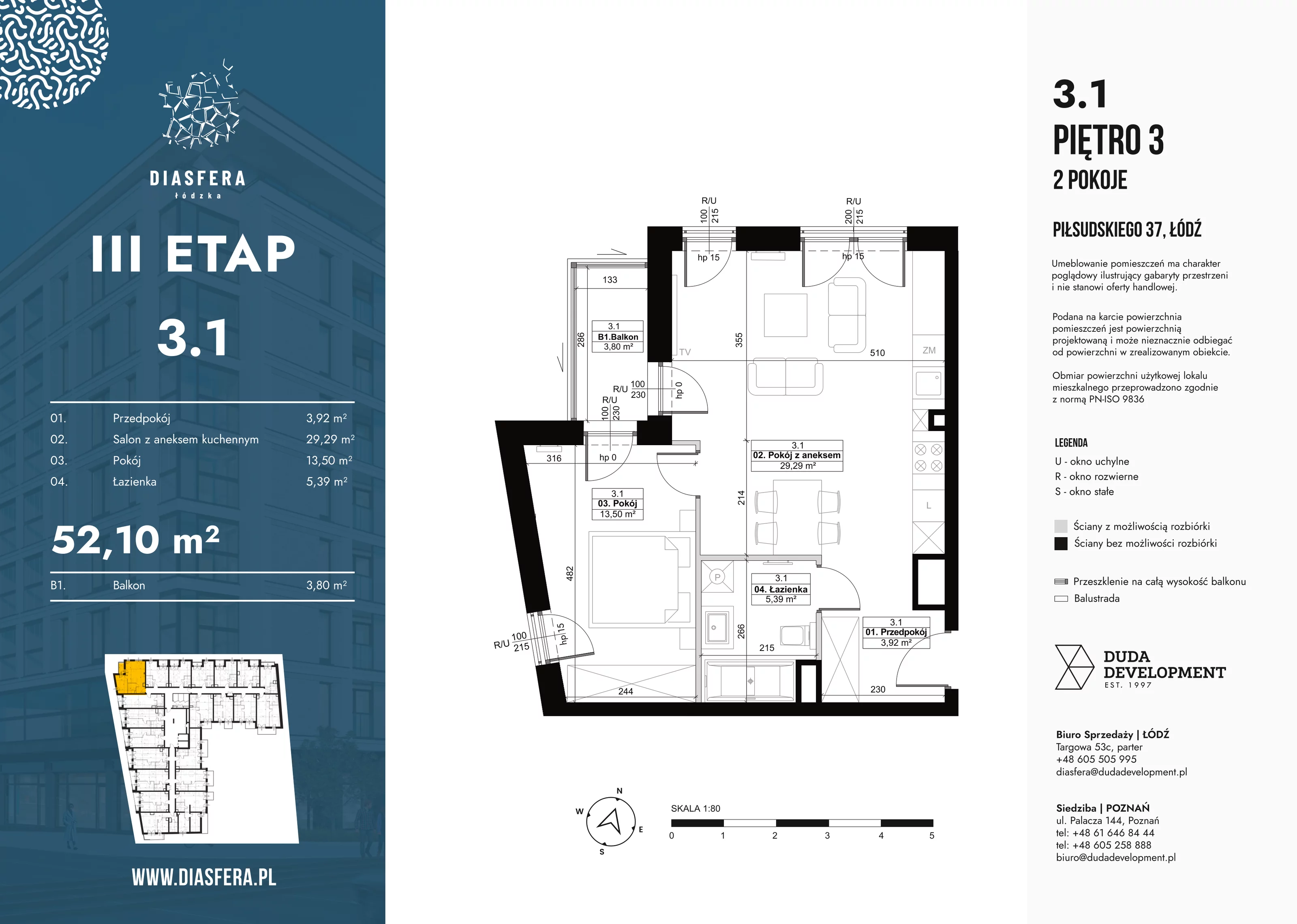 Mieszkanie 52,10 m², piętro 3, oferta nr 3_1, Diasfera III, Łódź, Śródmieście, al. Piłsudskiego 37-idx