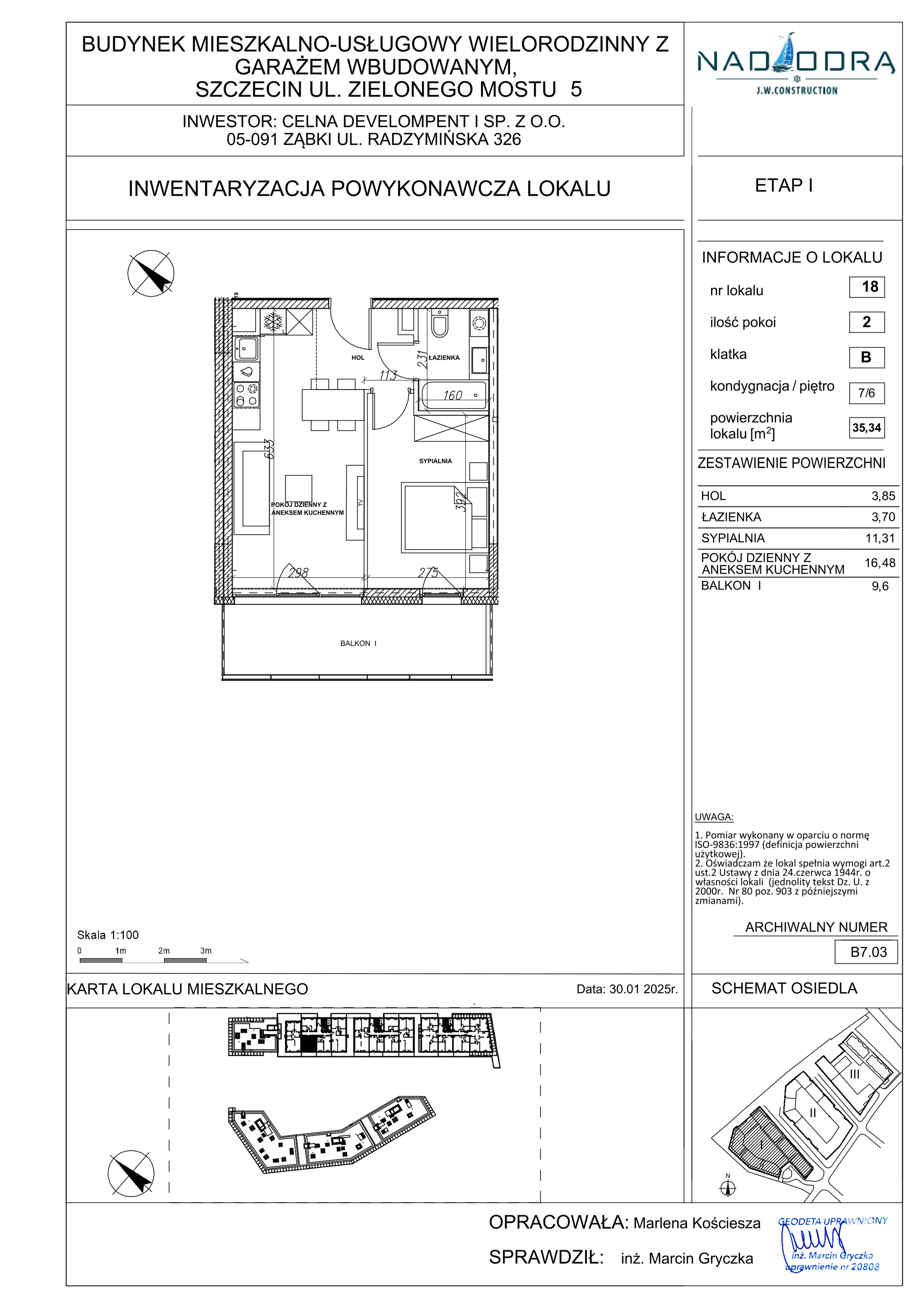 2 pokoje, mieszkanie 35,34 m², piętro 6, oferta nr B7.03, Nad Odrą, Szczecin, Śródmieście, Łasztownia, ul. Celna 4