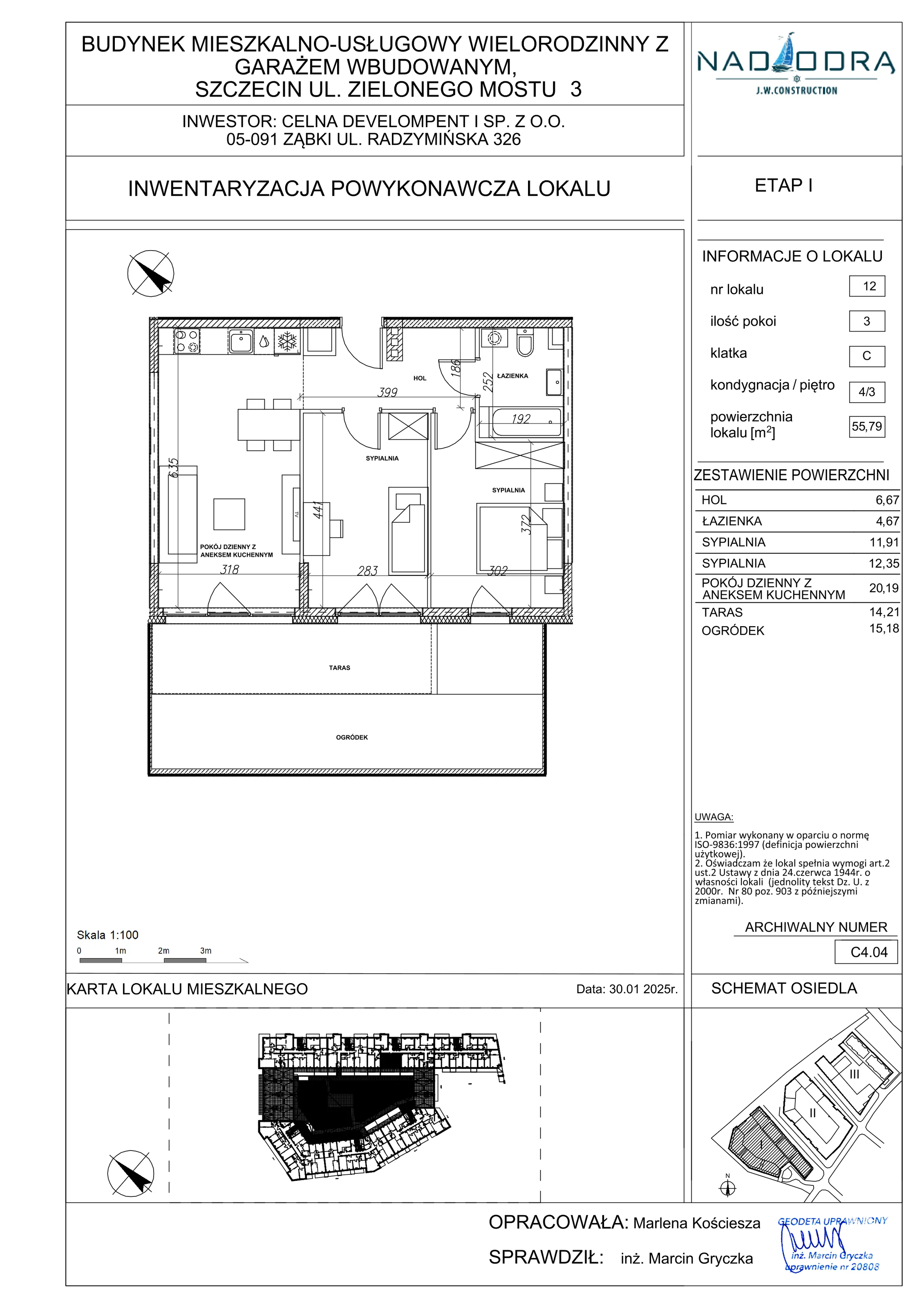 3 pokoje, mieszkanie 55,79 m², piętro 3, oferta nr C4.04, Nad Odrą, Szczecin, Śródmieście, Łasztownia, ul. Celna 4