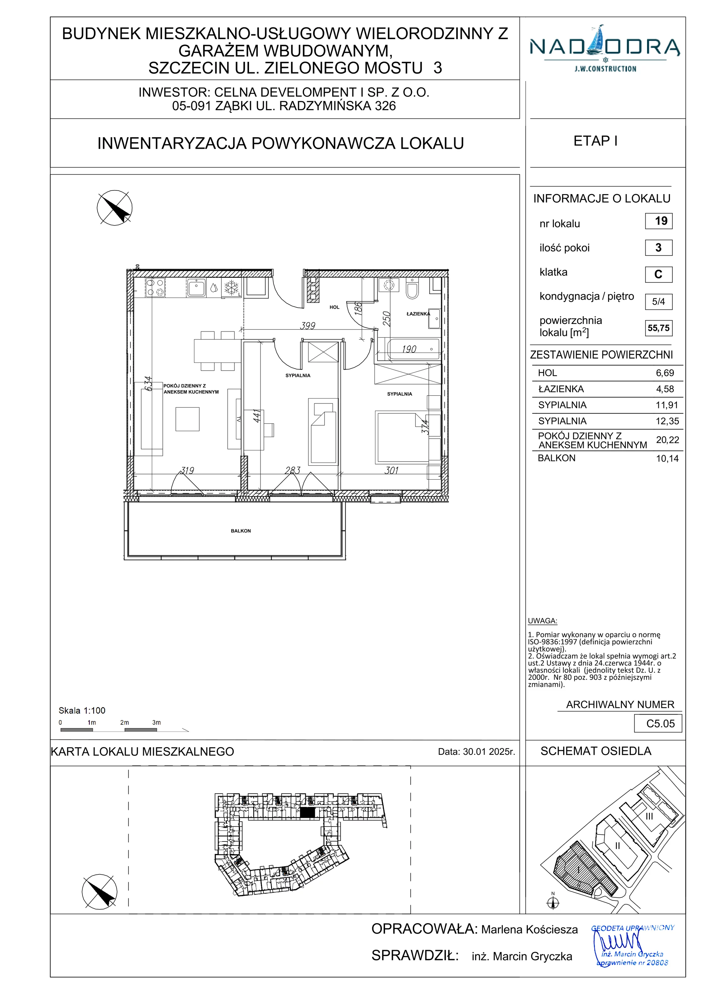 3 pokoje, mieszkanie 55,75 m², piętro 4, oferta nr C5.05, Nad Odrą, Szczecin, Śródmieście, Łasztownia, ul. Celna 4