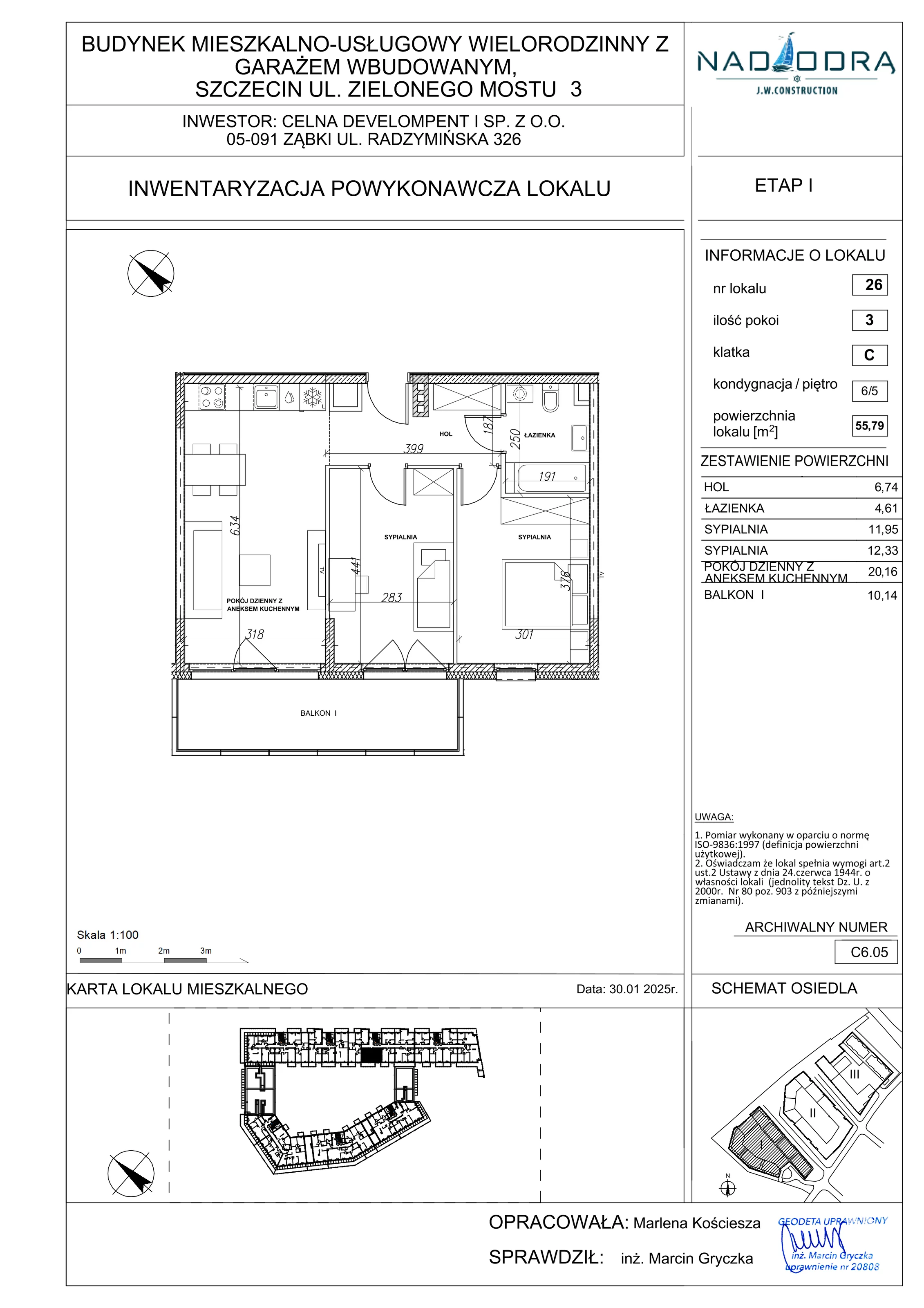 3 pokoje, mieszkanie 55,79 m², piętro 5, oferta nr C6.05, Nad Odrą, Szczecin, Śródmieście, Łasztownia, ul. Celna 4