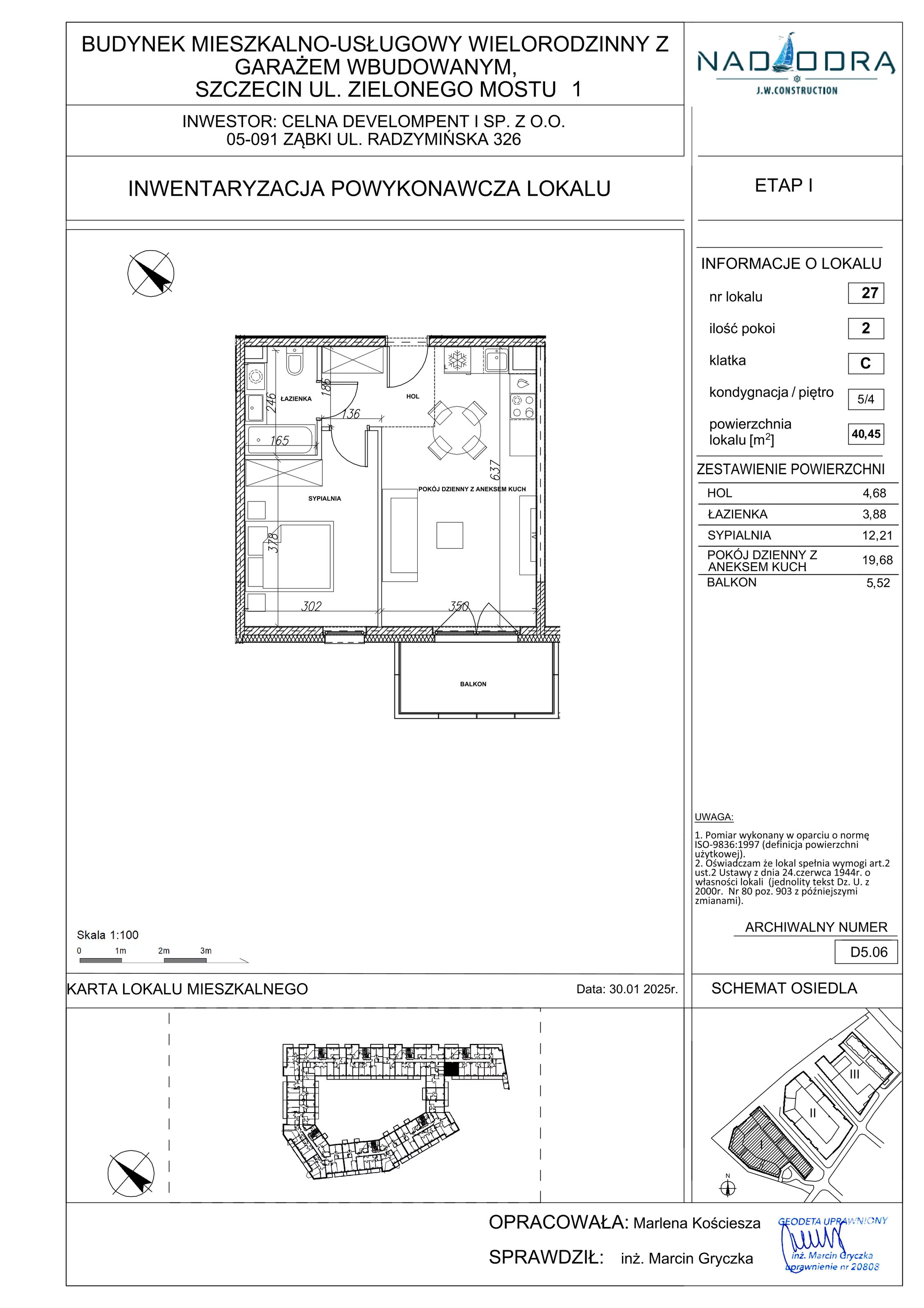 2 pokoje, apartament 40,45 m², piętro 4, oferta nr D5.06, Nad Odrą, Szczecin, Śródmieście, Łasztownia, ul. Celna 4