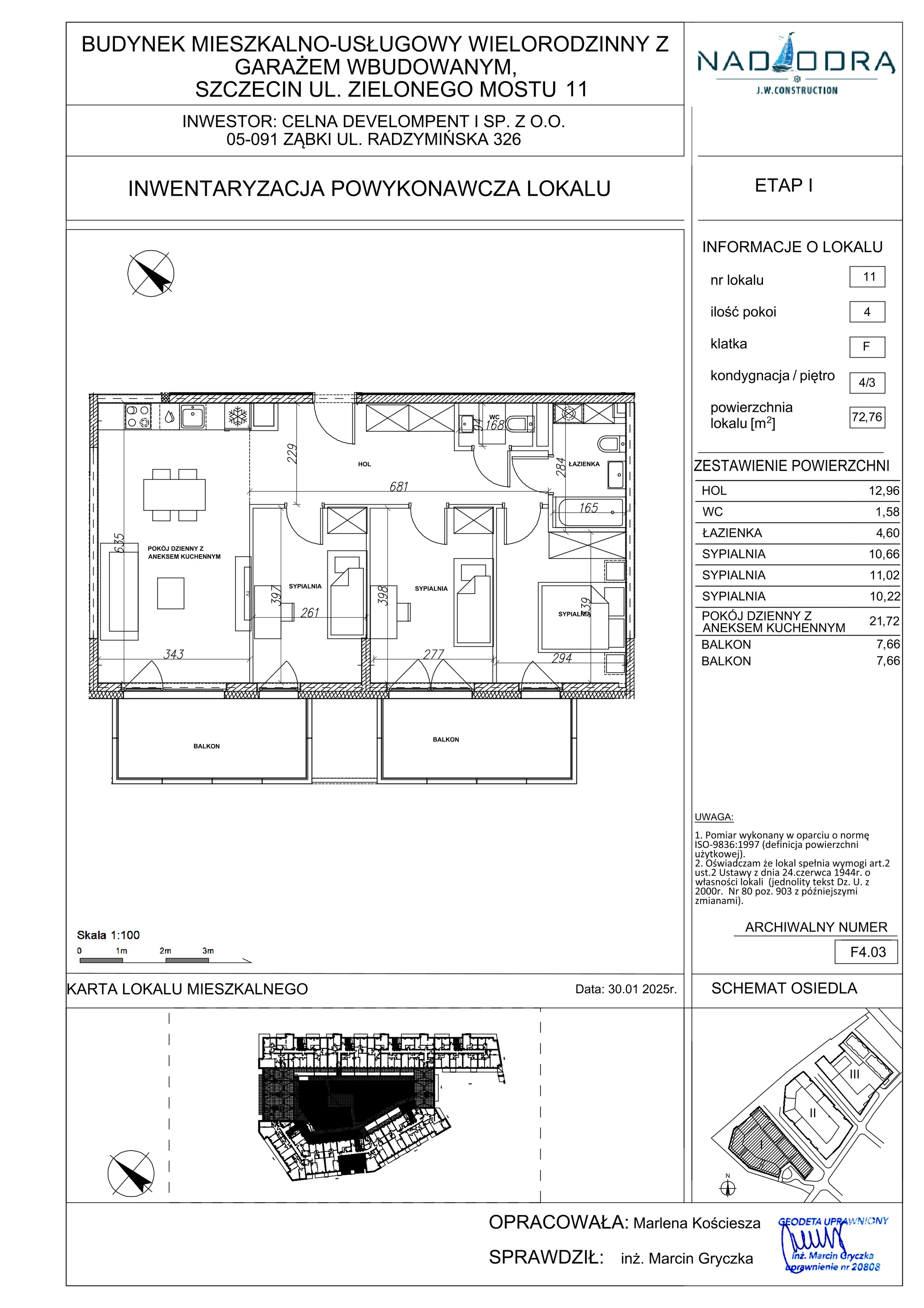4 pokoje, mieszkanie 72,76 m², piętro 3, oferta nr F4.03, Nad Odrą, Szczecin, Śródmieście, Łasztownia, ul. Celna 4