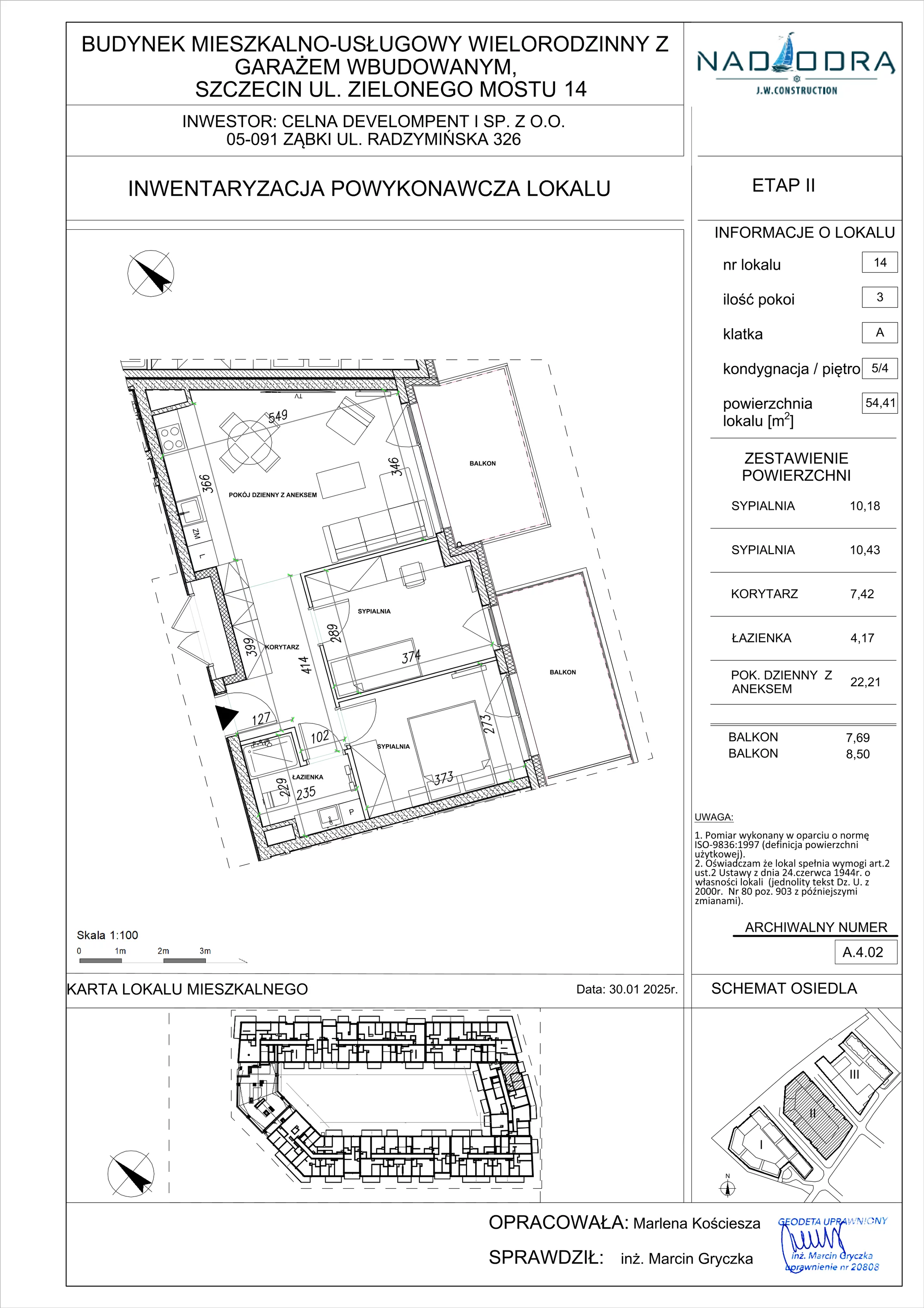 3 pokoje, mieszkanie 54,41 m², piętro 4, oferta nr A.4.02, Nad Odrą, Szczecin, Śródmieście, Łasztownia, ul. Celna 4