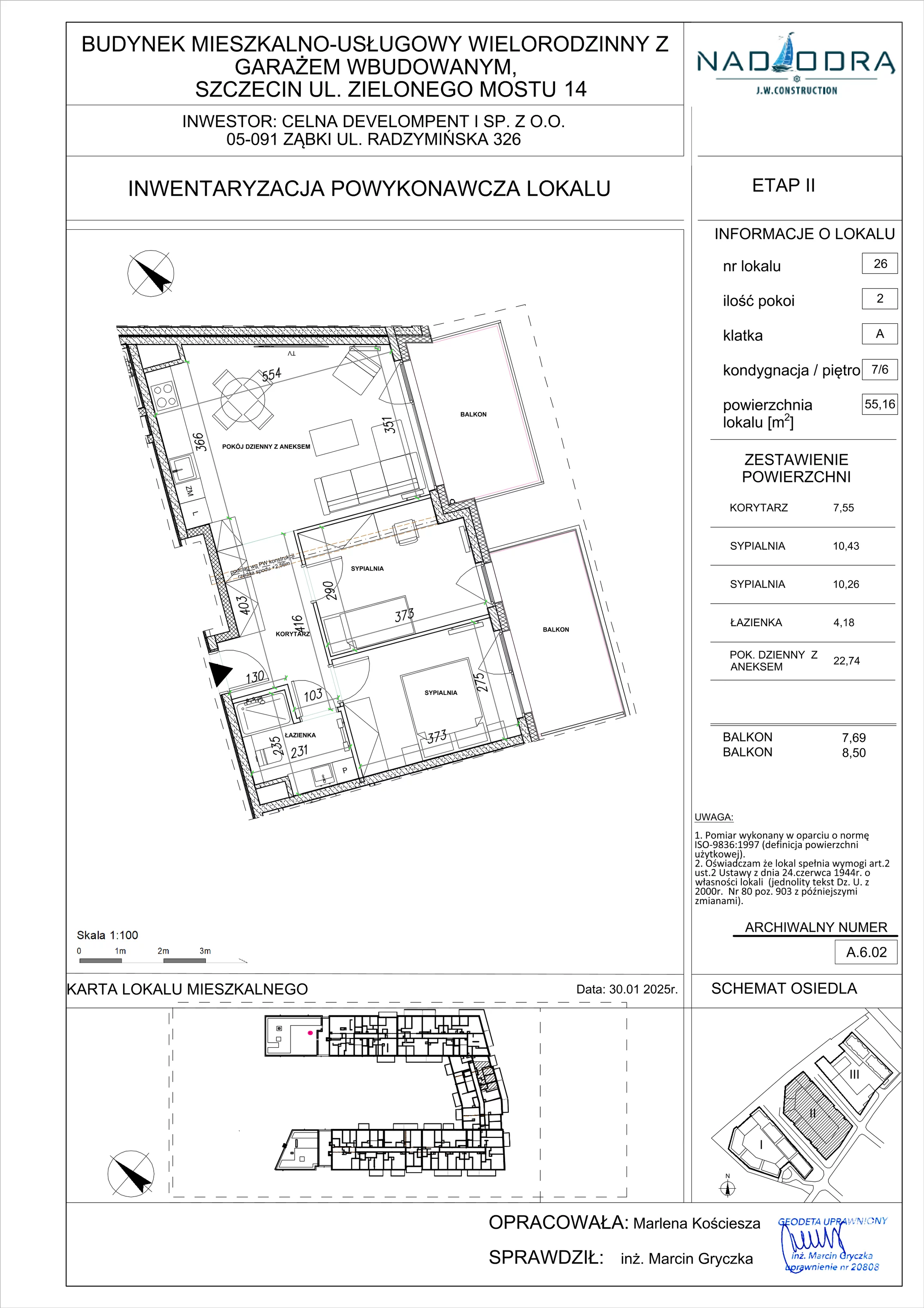 2 pokoje, mieszkanie 55,16 m², piętro 6, oferta nr A.6.02, Nad Odrą, Szczecin, Śródmieście, Łasztownia, ul. Celna 4