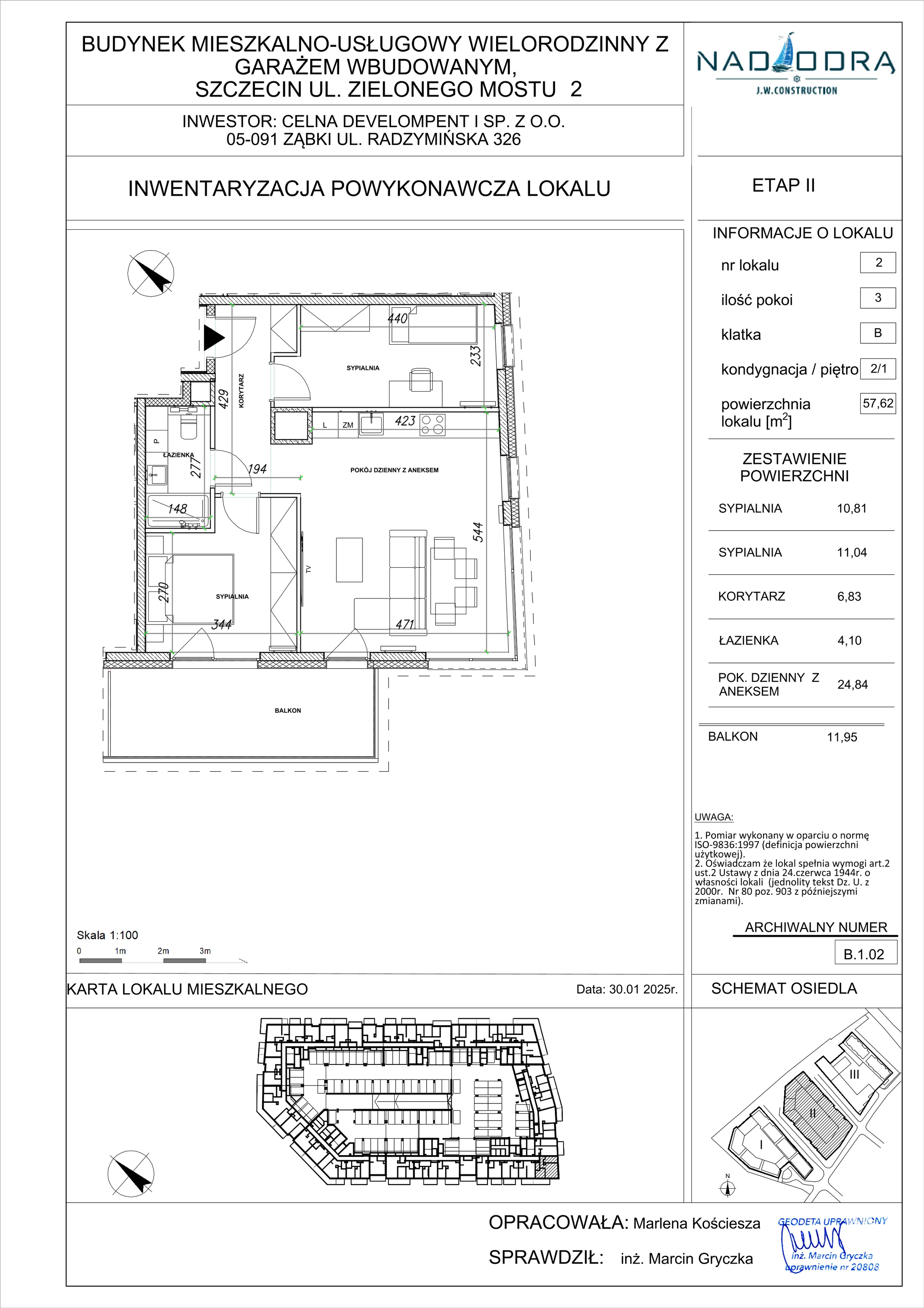 3 pokoje, mieszkanie 57,62 m², piętro 1, oferta nr B.1.02, Nad Odrą, Szczecin, Śródmieście, Łasztownia, ul. Celna 4