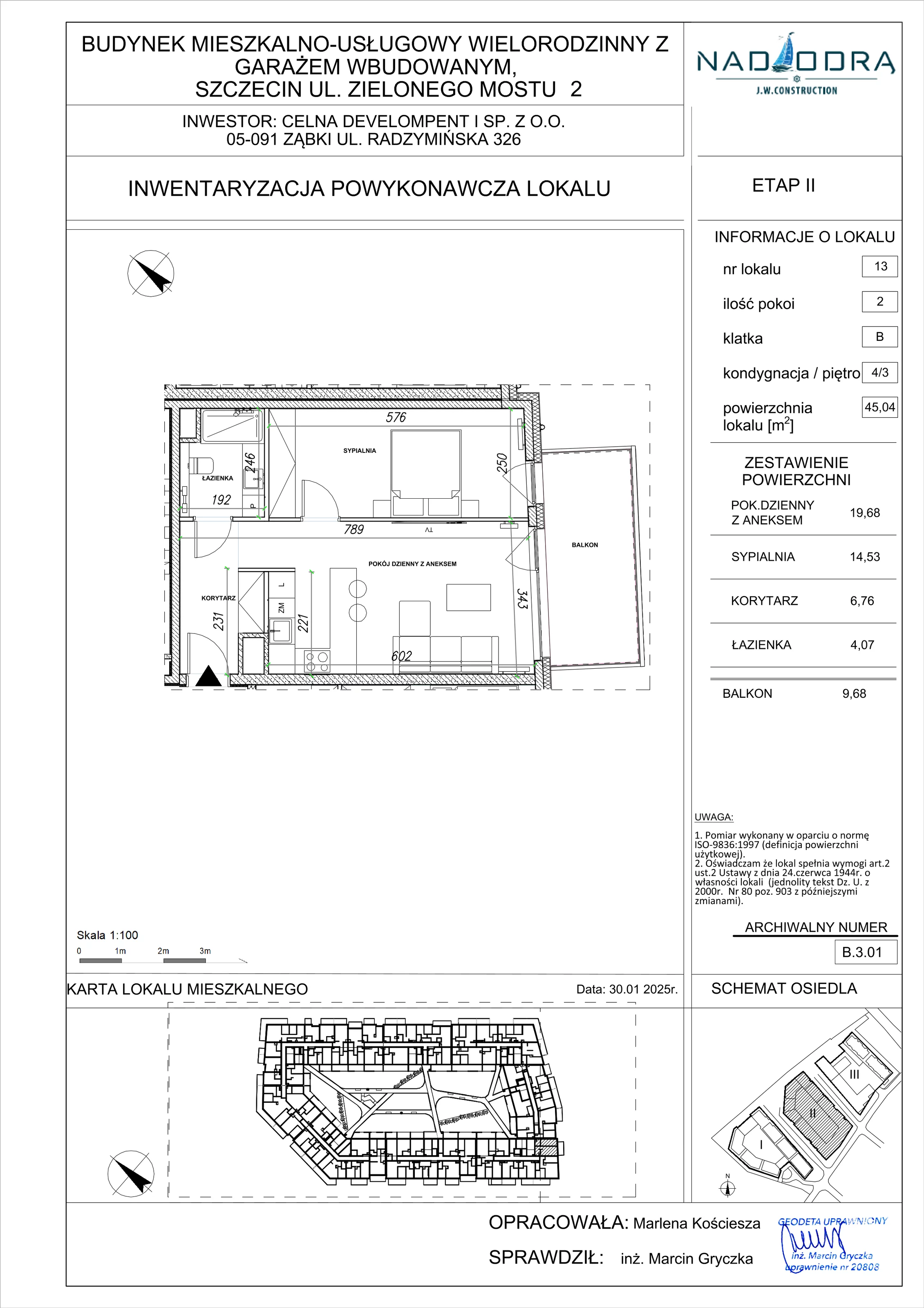 2 pokoje, mieszkanie 45,04 m², piętro 3, oferta nr B.3.01, Nad Odrą, Szczecin, Śródmieście, Łasztownia, ul. Celna 4