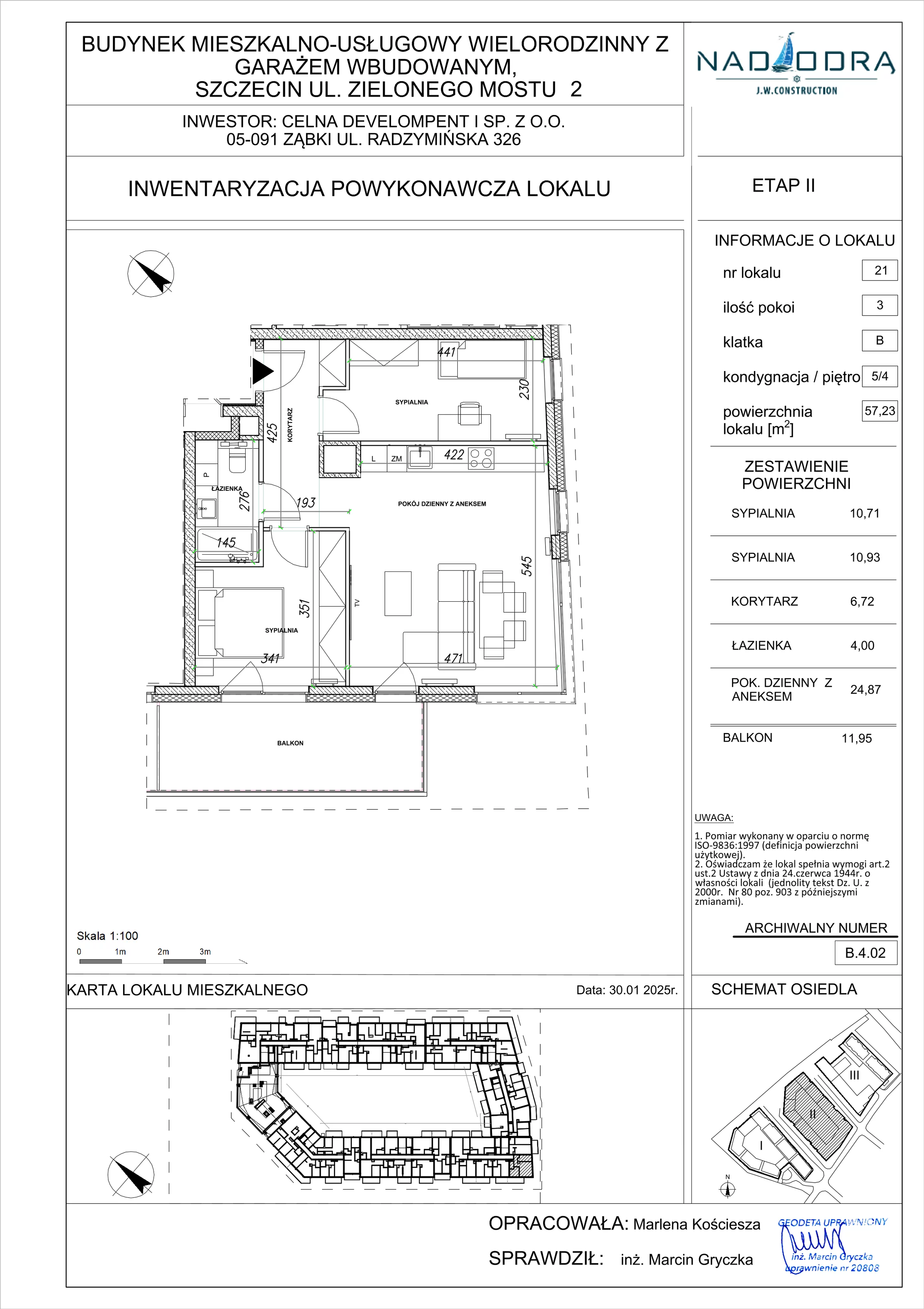 3 pokoje, mieszkanie 57,23 m², piętro 4, oferta nr B.4.02, Nad Odrą, Szczecin, Śródmieście, Łasztownia, ul. Celna 4