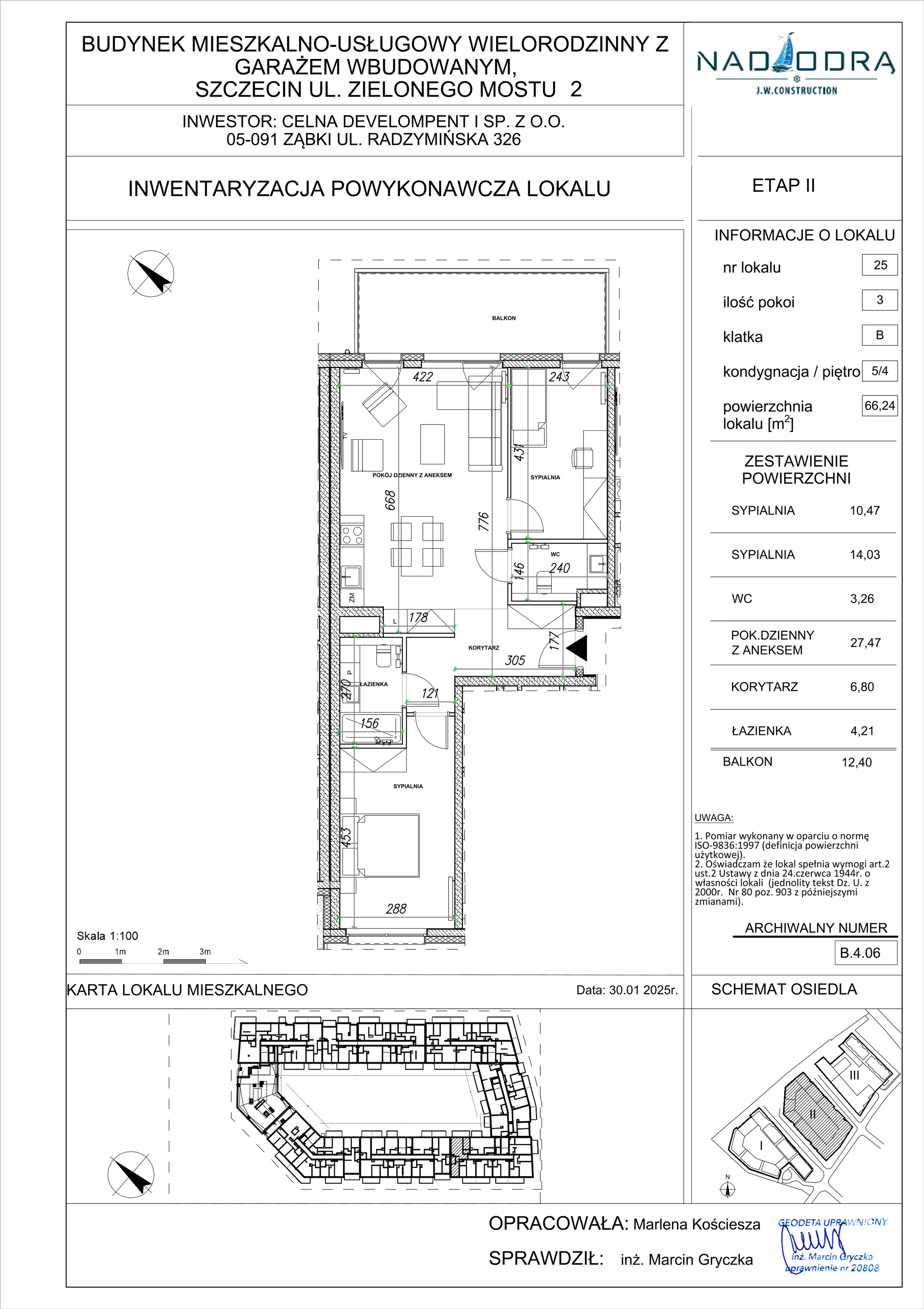 3 pokoje, mieszkanie 66,24 m², piętro 4, oferta nr B.4.06, Nad Odrą, Szczecin, Śródmieście, Łasztownia, ul. Celna 4