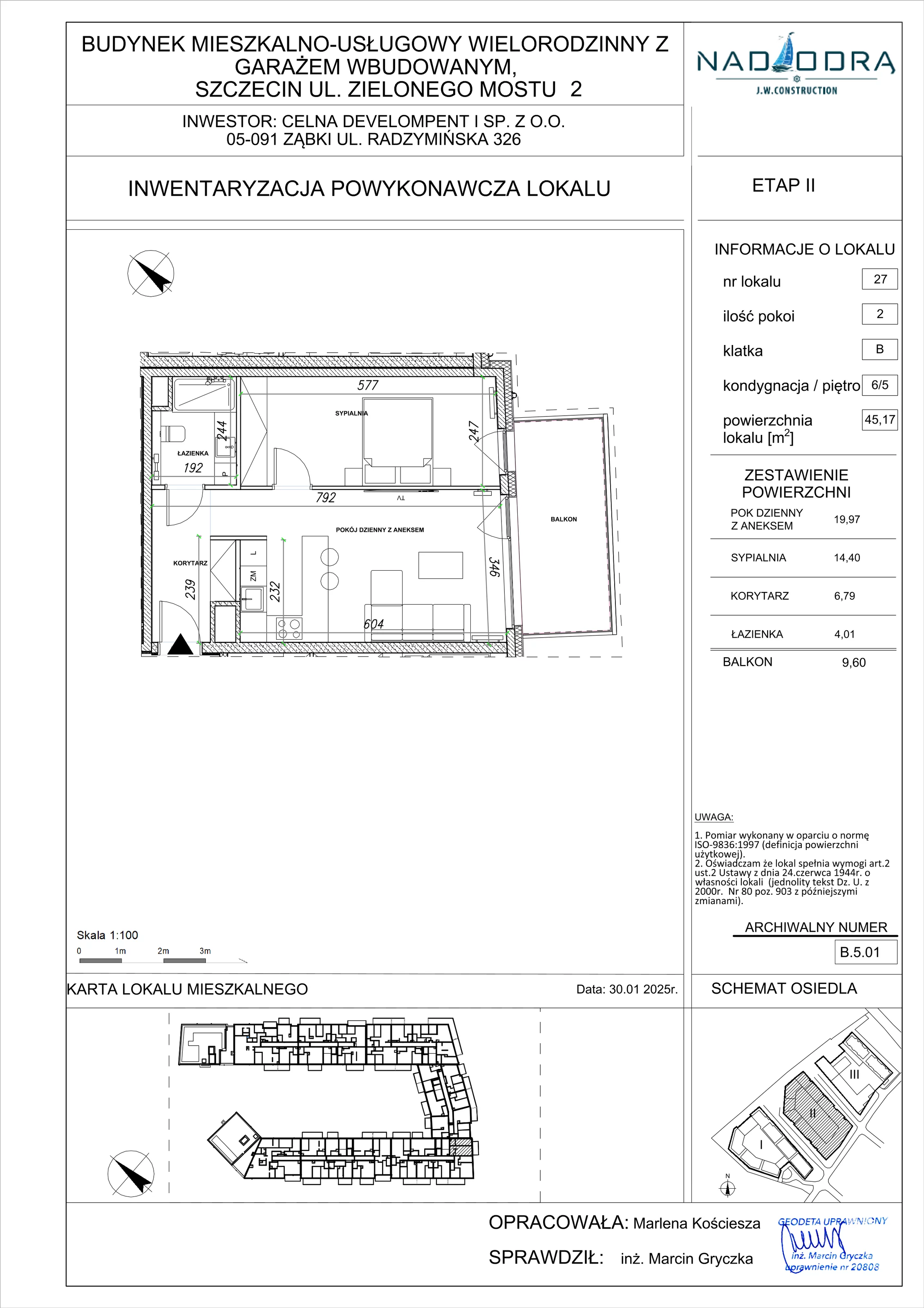 2 pokoje, mieszkanie 45,17 m², piętro 5, oferta nr B.5.01, Nad Odrą, Szczecin, Śródmieście, Łasztownia, ul. Celna 4