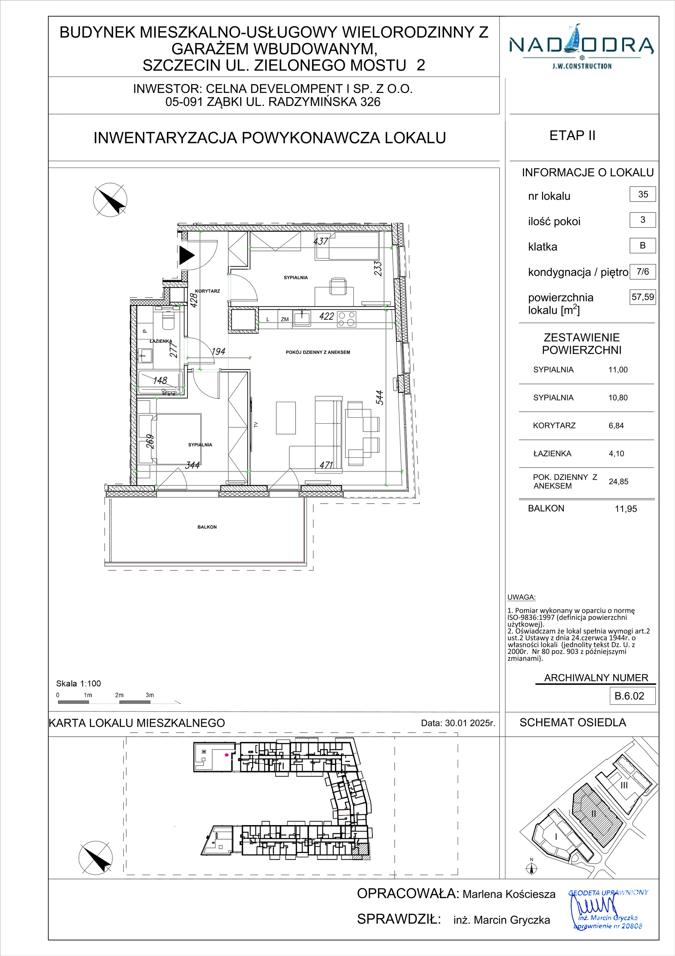 3 pokoje, mieszkanie 57,59 m², piętro 6, oferta nr B.6.02, Nad Odrą, Szczecin, Śródmieście, Łasztownia, ul. Celna 4