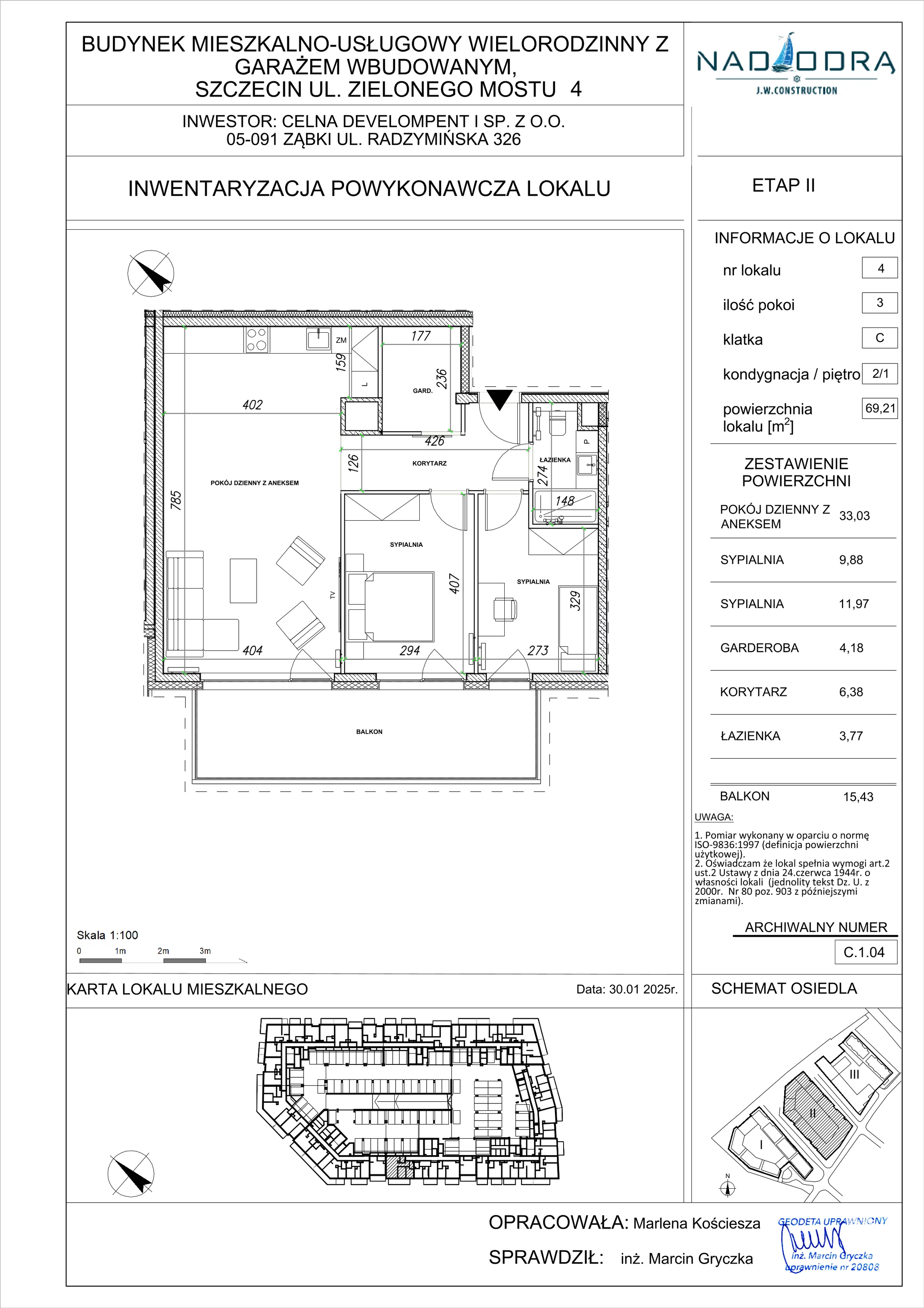 3 pokoje, mieszkanie 69,21 m², piętro 1, oferta nr C.1.04, Nad Odrą, Szczecin, Śródmieście, Łasztownia, ul. Celna 4