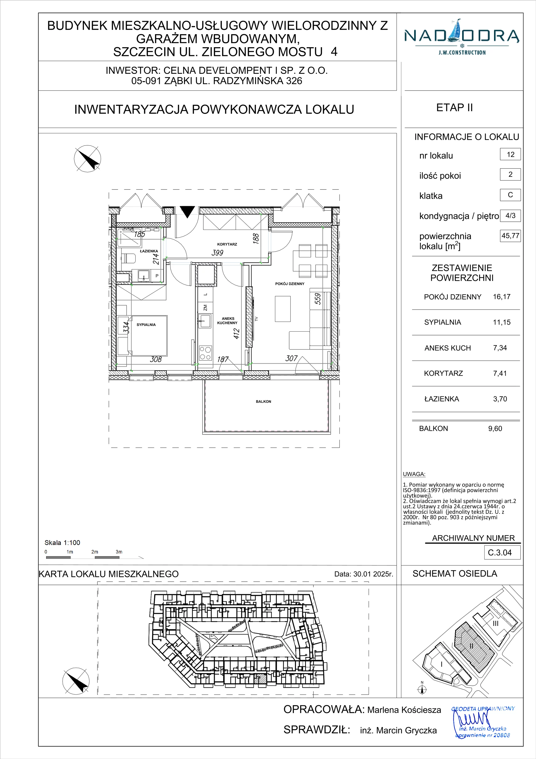 2 pokoje, mieszkanie 45,77 m², piętro 3, oferta nr C.3.04, Nad Odrą, Szczecin, Śródmieście, Łasztownia, ul. Celna 4