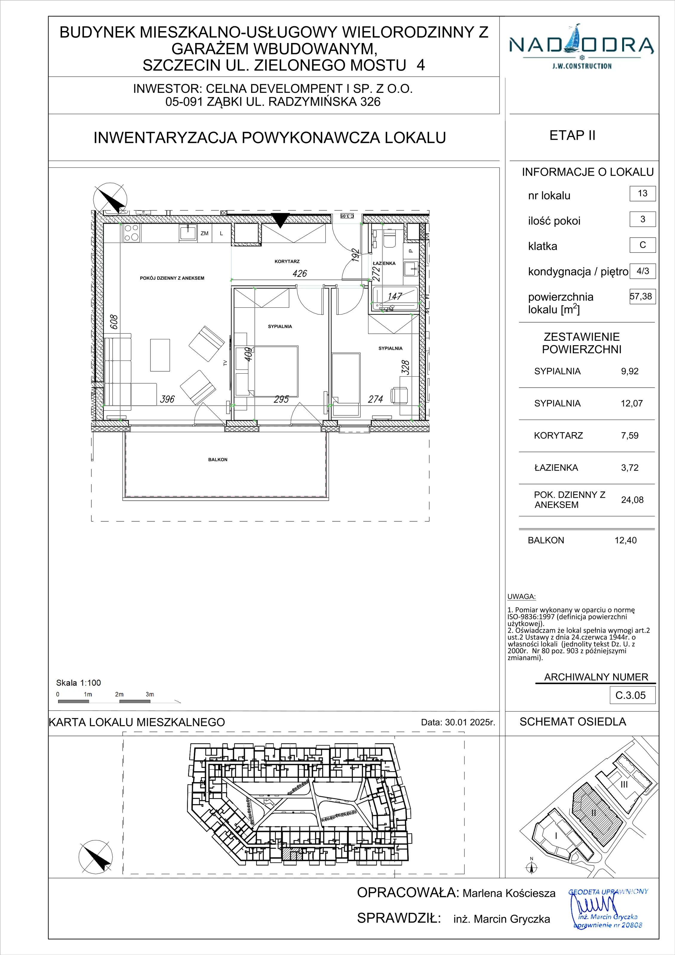 3 pokoje, mieszkanie 57,38 m², piętro 3, oferta nr C.3.05, Nad Odrą, Szczecin, Śródmieście, Łasztownia, ul. Celna 4