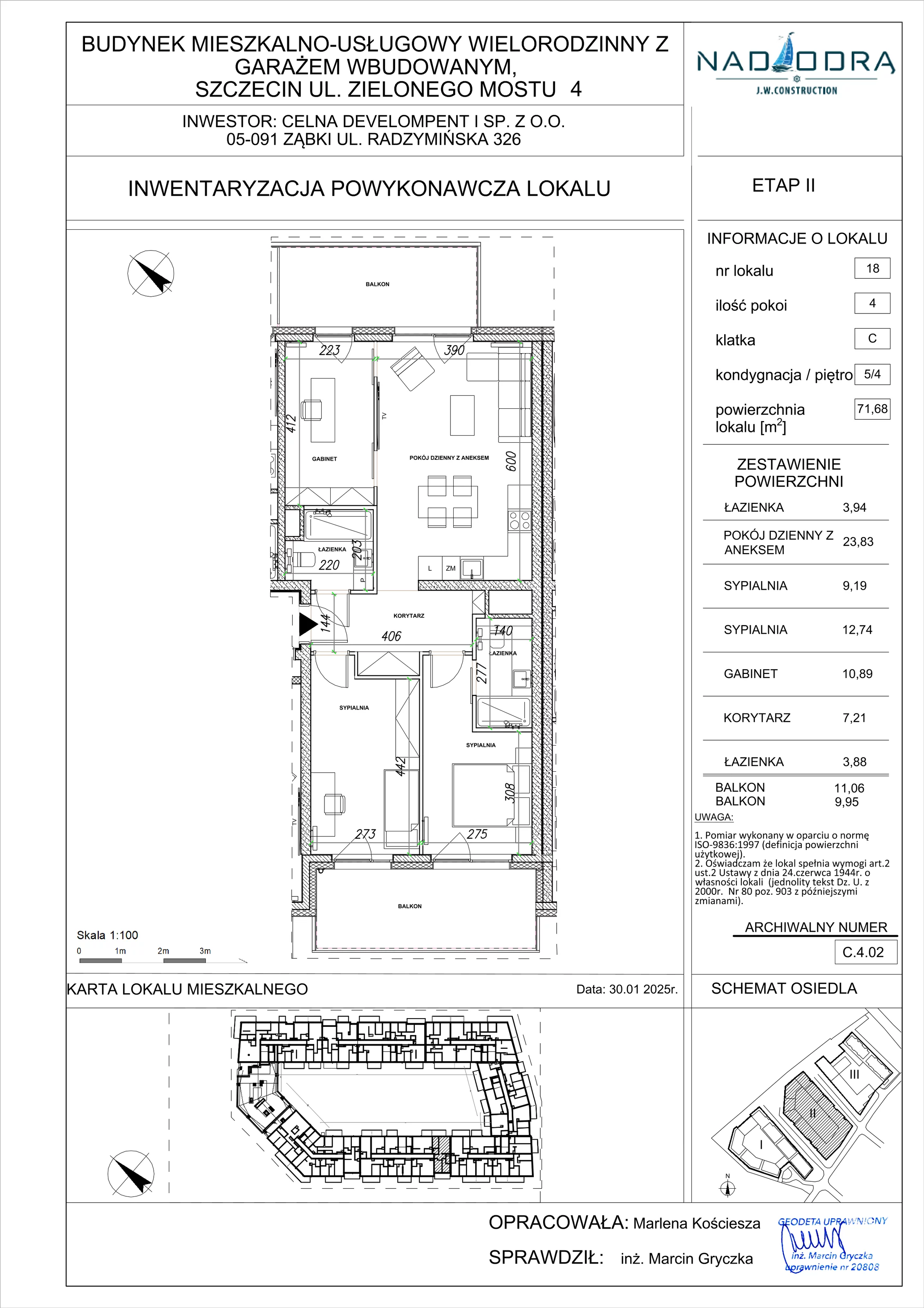 4 pokoje, mieszkanie 71,68 m², piętro 4, oferta nr C.4.02, Nad Odrą, Szczecin, Śródmieście, Łasztownia, ul. Celna 4