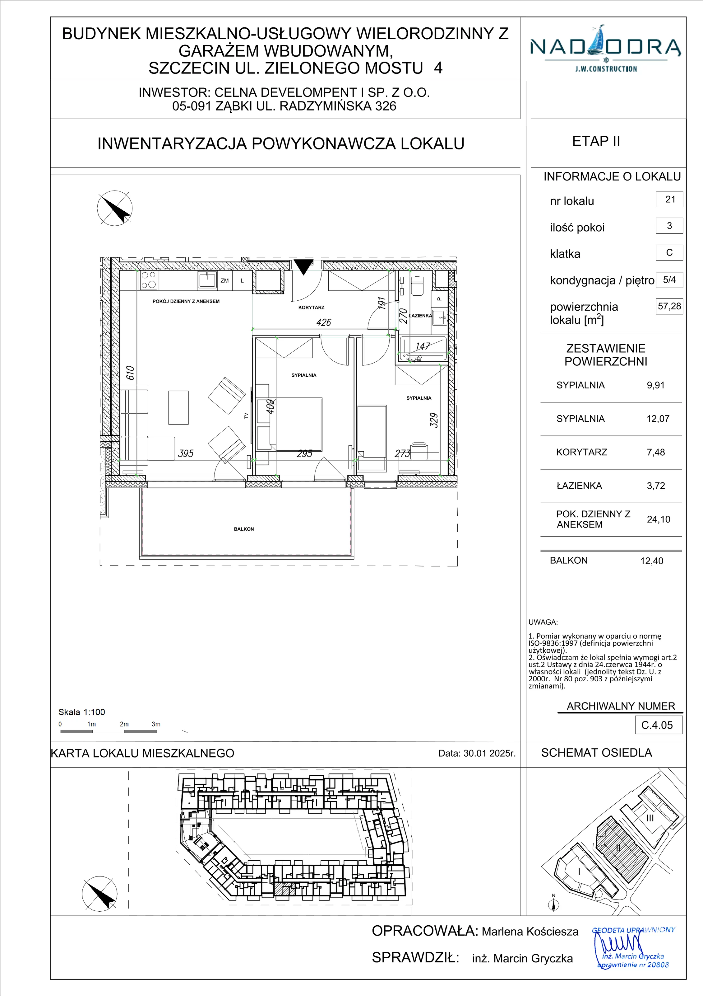 3 pokoje, mieszkanie 57,28 m², piętro 4, oferta nr C.4.05, Nad Odrą, Szczecin, Śródmieście, Łasztownia, ul. Celna 4