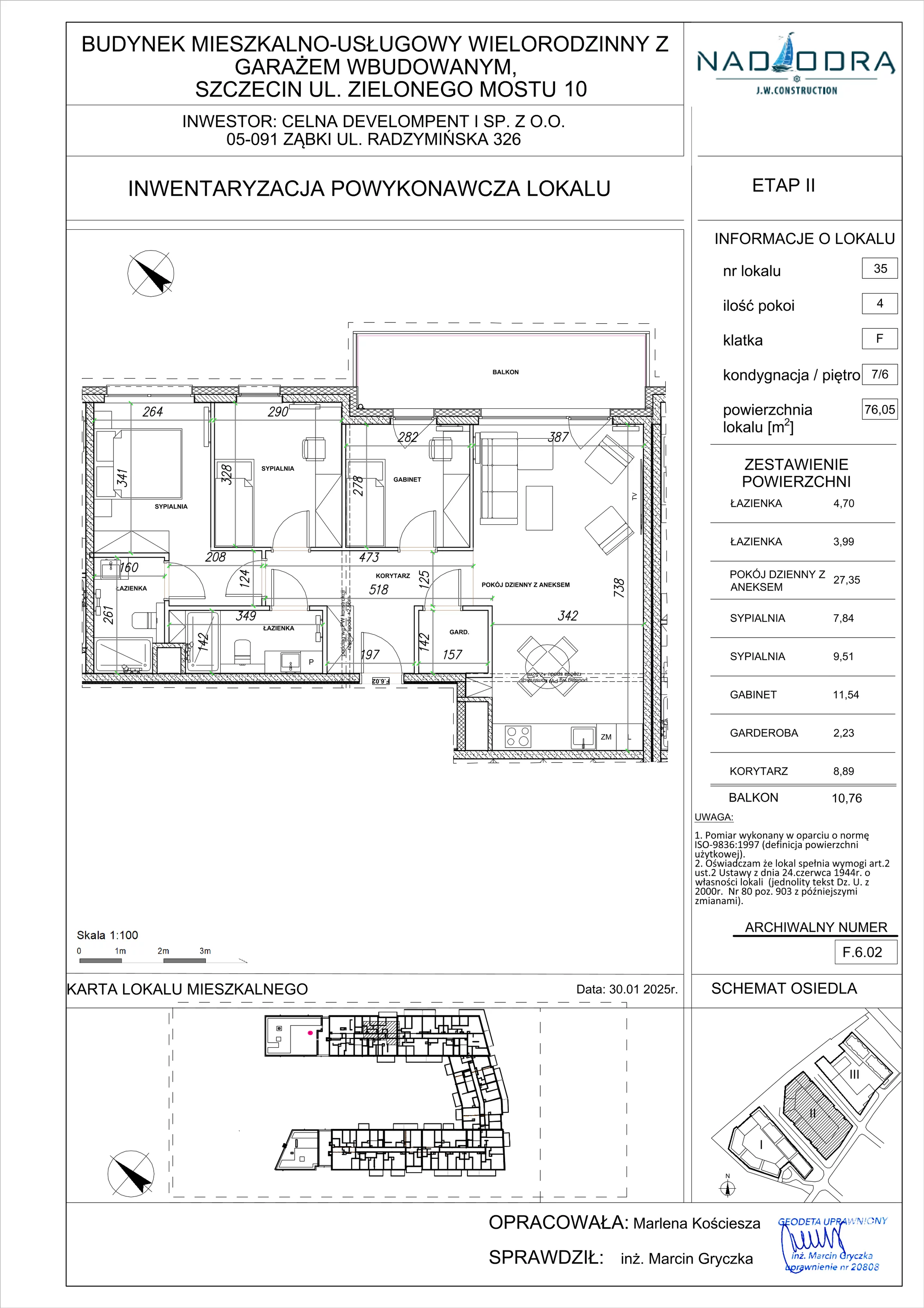 4 pokoje, mieszkanie 76,05 m², piętro 6, oferta nr F.6.02, Nad Odrą, Szczecin, Śródmieście, Łasztownia, ul. Celna 4