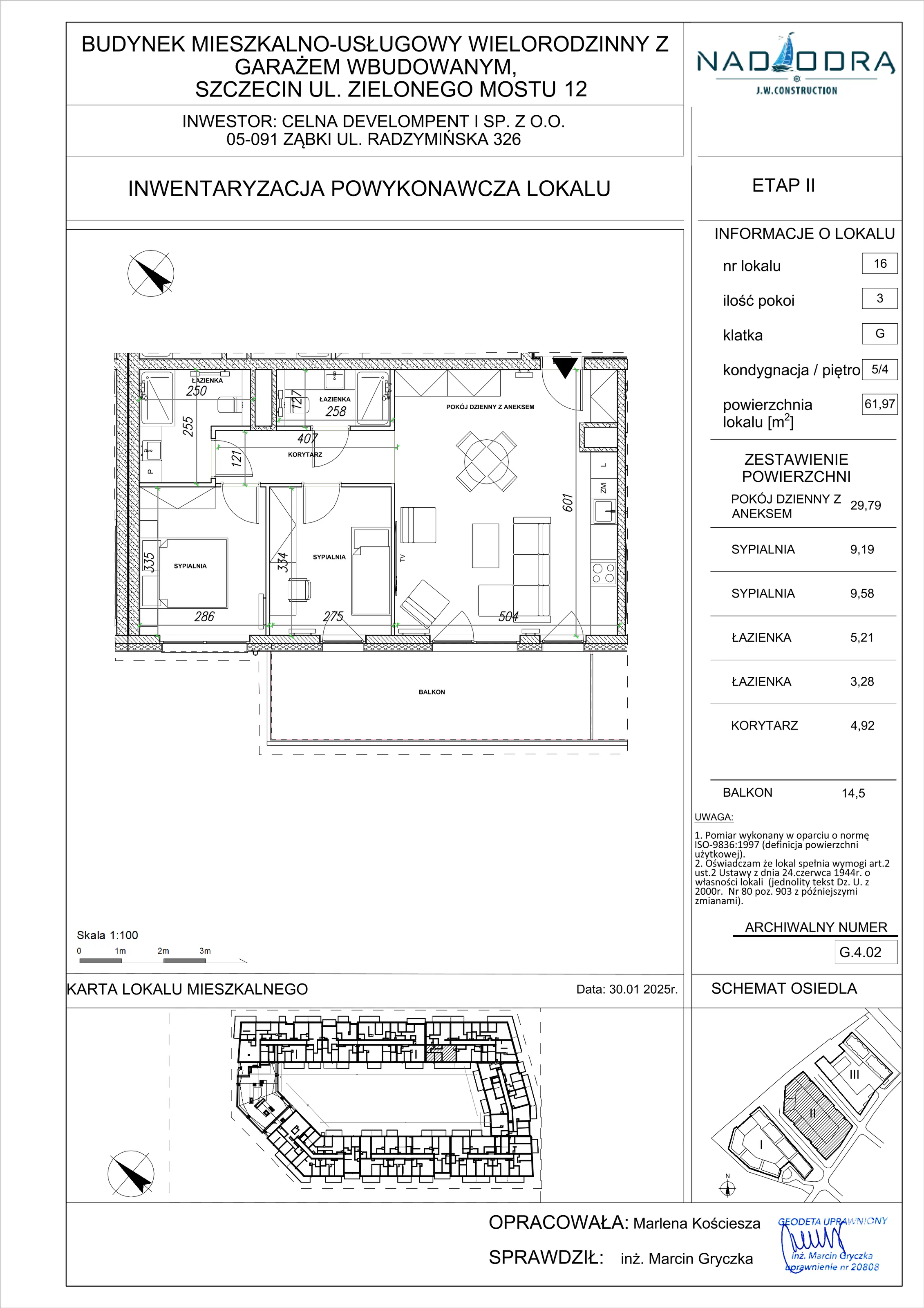 3 pokoje, mieszkanie 61,97 m², piętro 4, oferta nr G.4.02, Nad Odrą, Szczecin, Śródmieście, Łasztownia, ul. Celna 4