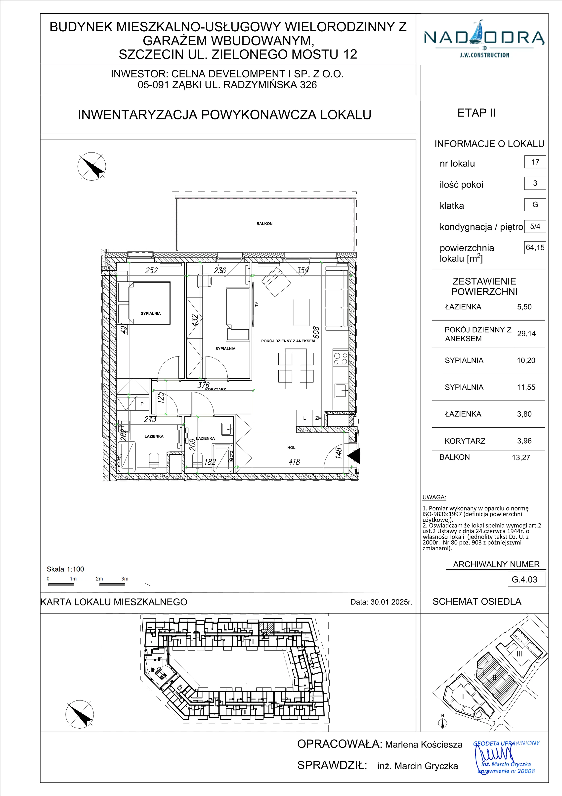 3 pokoje, mieszkanie 64,15 m², piętro 4, oferta nr G.4.03, Nad Odrą, Szczecin, Śródmieście, Łasztownia, ul. Celna 4