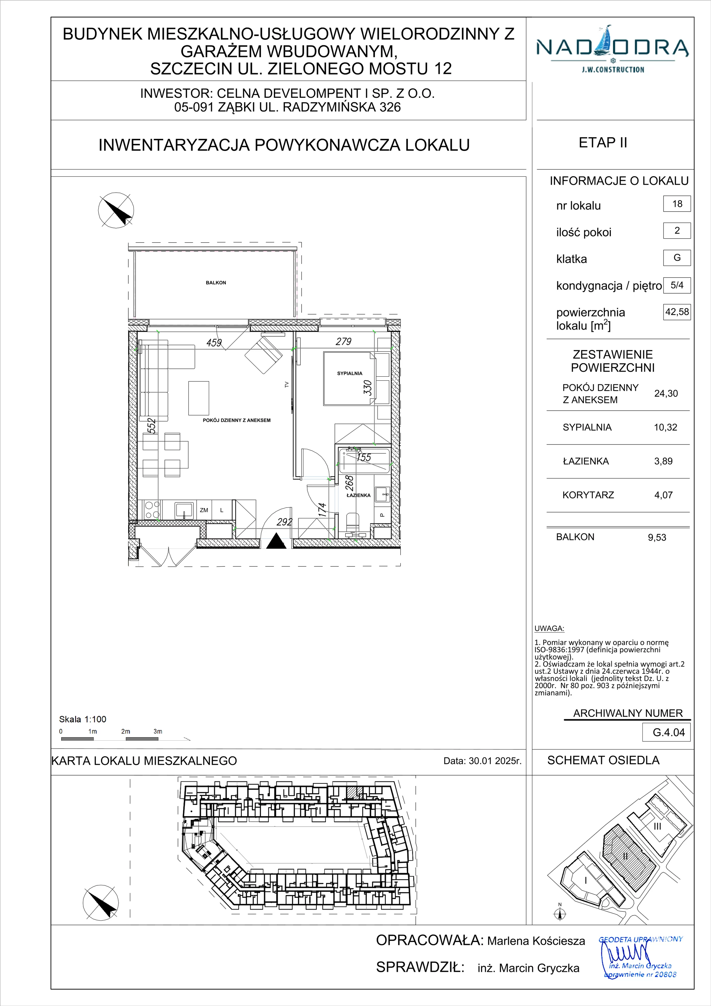 2 pokoje, mieszkanie 42,58 m², piętro 4, oferta nr G.4.04, Nad Odrą, Szczecin, Śródmieście, Łasztownia, ul. Celna 4