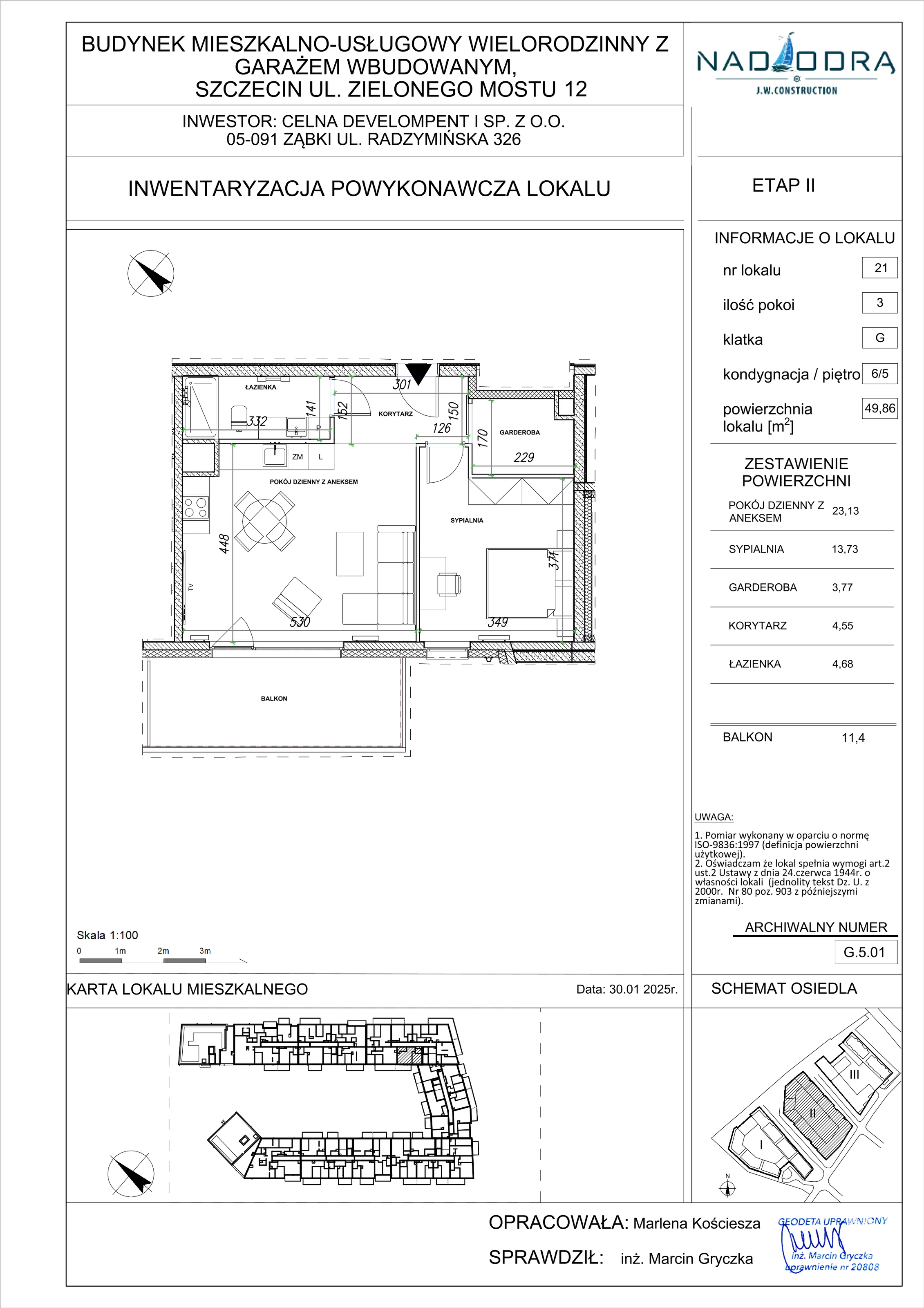 2 pokoje, mieszkanie 49,86 m², piętro 5, oferta nr G.5.01, Nad Odrą, Szczecin, Śródmieście, Łasztownia, ul. Celna 4