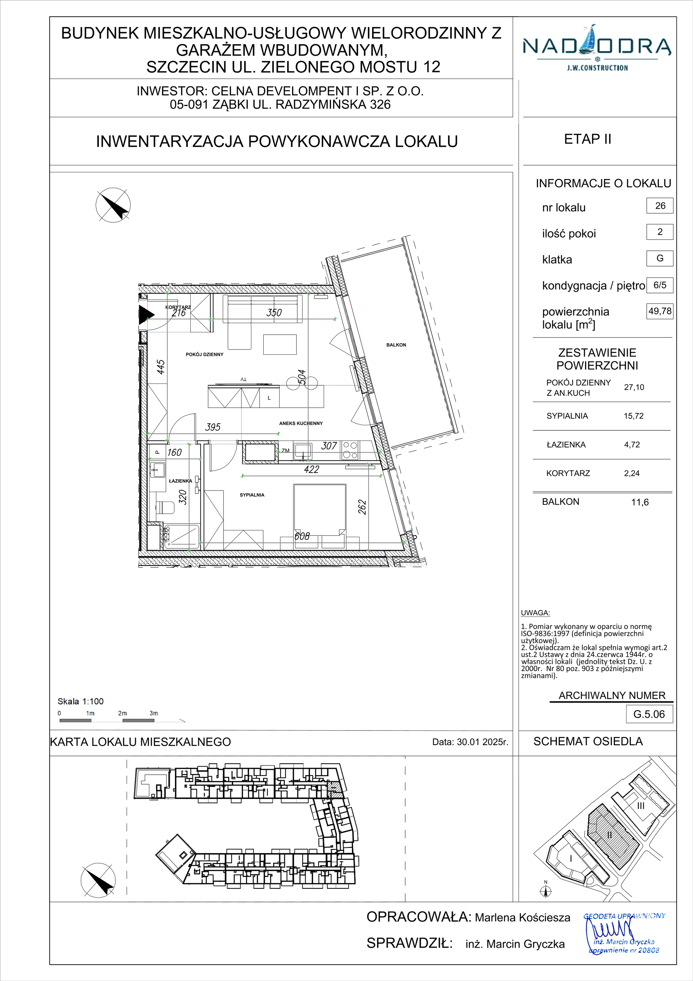 2 pokoje, mieszkanie 49,78 m², piętro 5, oferta nr G.5.06, Nad Odrą, Szczecin, Śródmieście, Łasztownia, ul. Celna 4