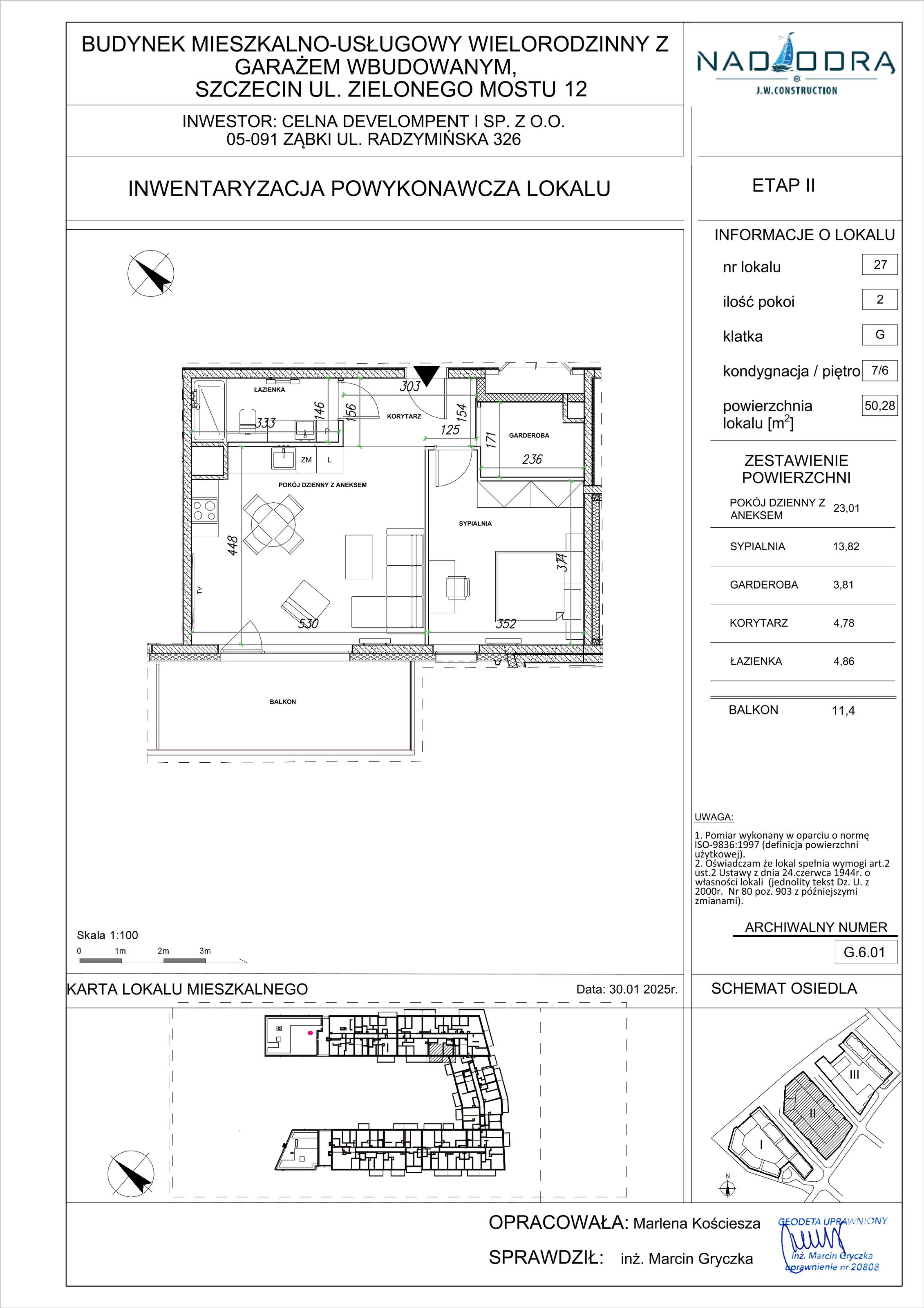 2 pokoje, apartament 50,28 m², piętro 6, oferta nr G.6.01, Nad Odrą, Szczecin, Śródmieście, Łasztownia, ul. Celna 4