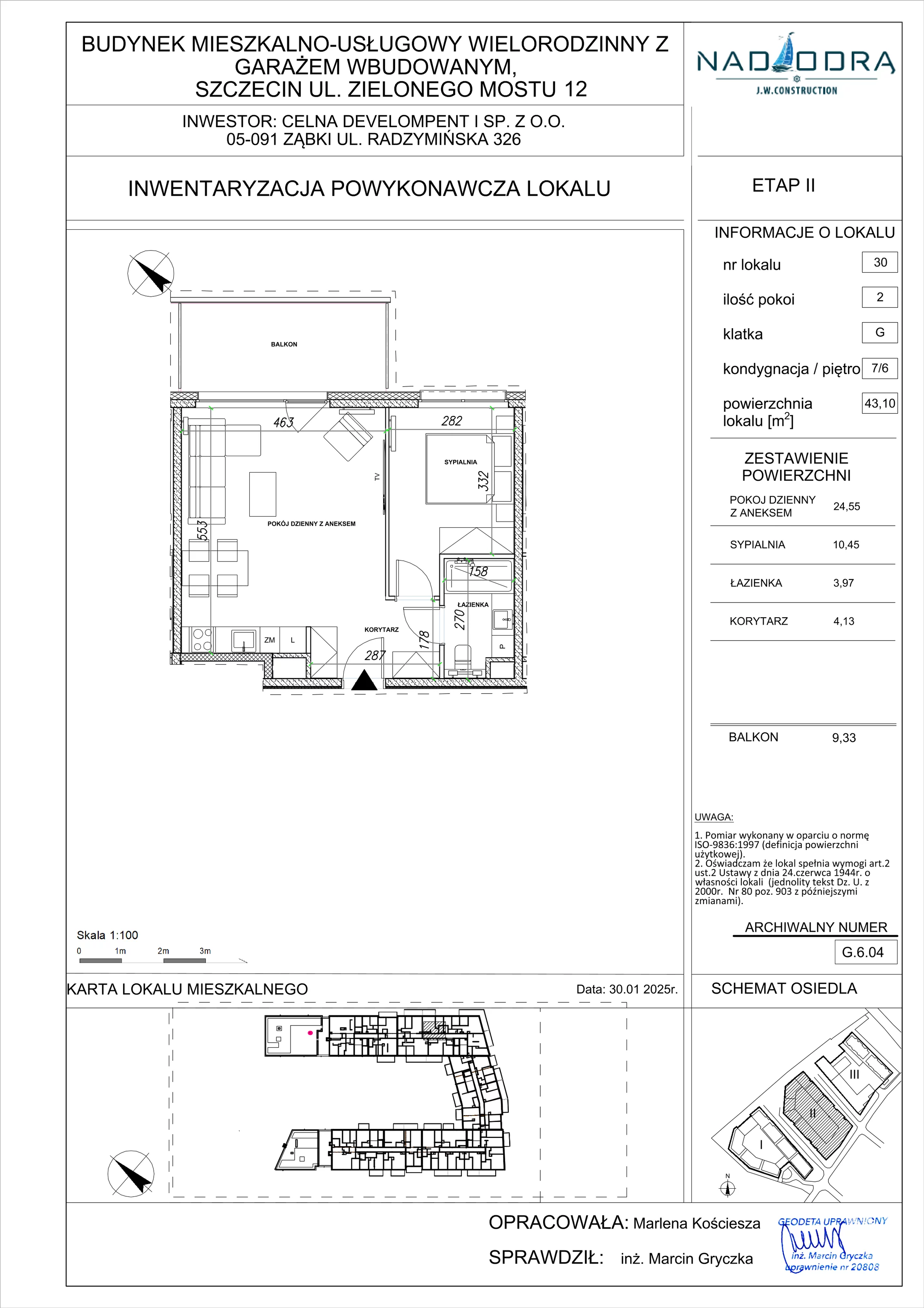 2 pokoje, mieszkanie 43,10 m², piętro 6, oferta nr G.6.04, Nad Odrą, Szczecin, Śródmieście, Łasztownia, ul. Celna 4