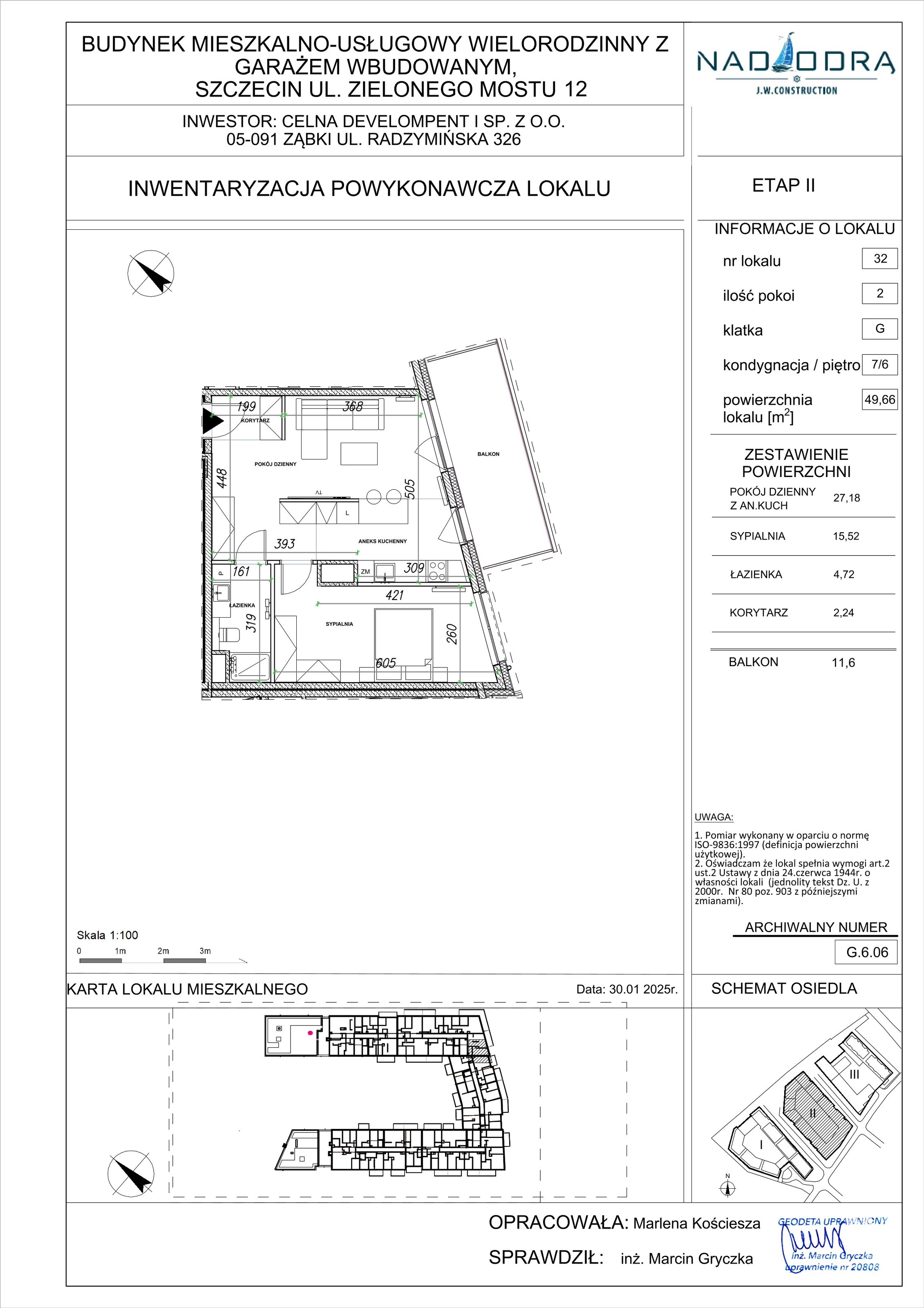 2 pokoje, mieszkanie 49,66 m², piętro 6, oferta nr G.6.06, Nad Odrą, Szczecin, Śródmieście, Łasztownia, ul. Celna 4