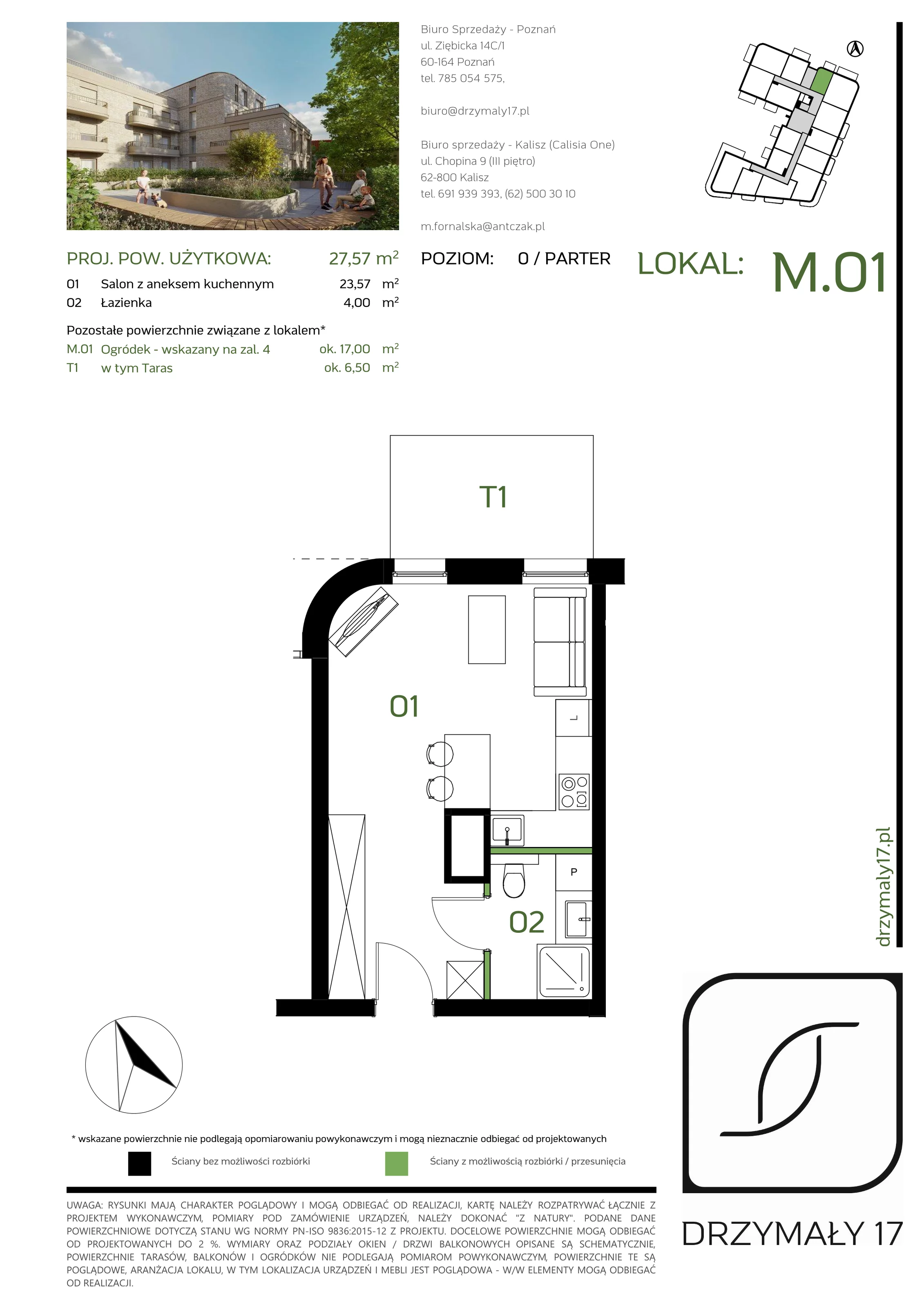 Mieszkanie 27,57 m², parter, oferta nr M/01, Drzymały 17, Poznań, Sołacz, Sołacz, ul. Drzymały 17