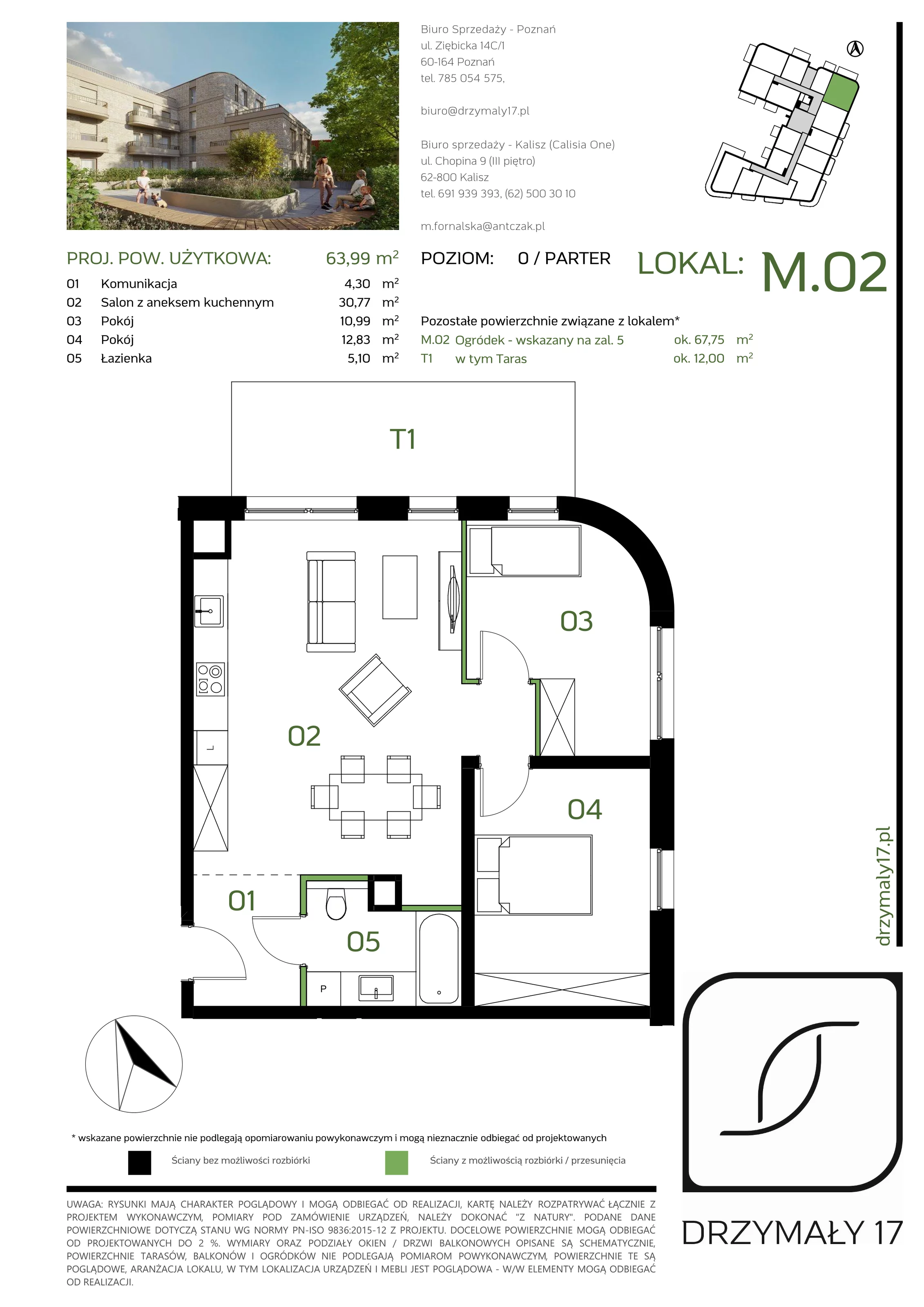 Mieszkanie 63,99 m², parter, oferta nr M/02, Drzymały 17, Poznań, Sołacz, Sołacz, ul. Drzymały 17