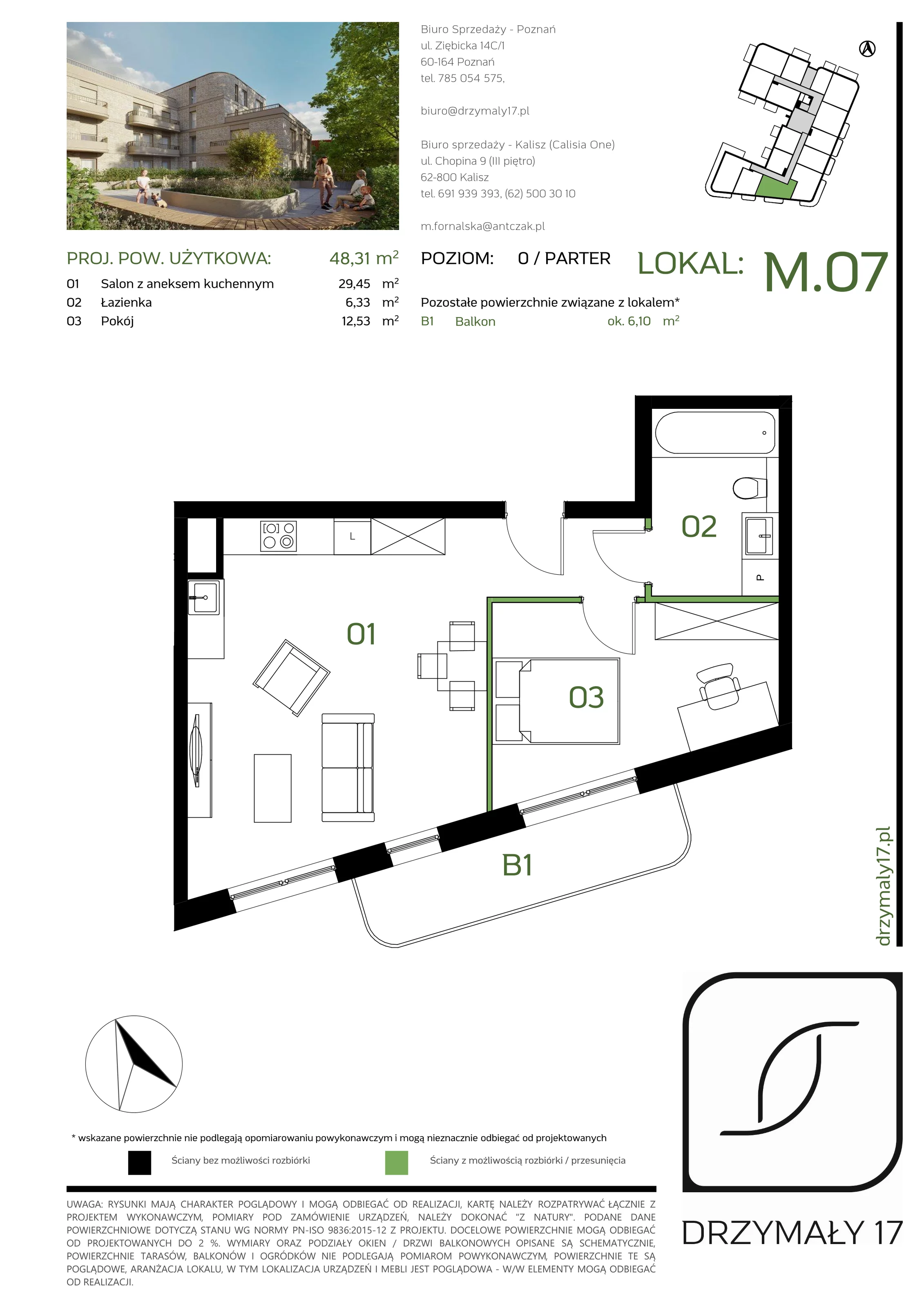 Mieszkanie 48,31 m², parter, oferta nr M/07, Drzymały 17, Poznań, Sołacz, Sołacz, ul. Drzymały 17