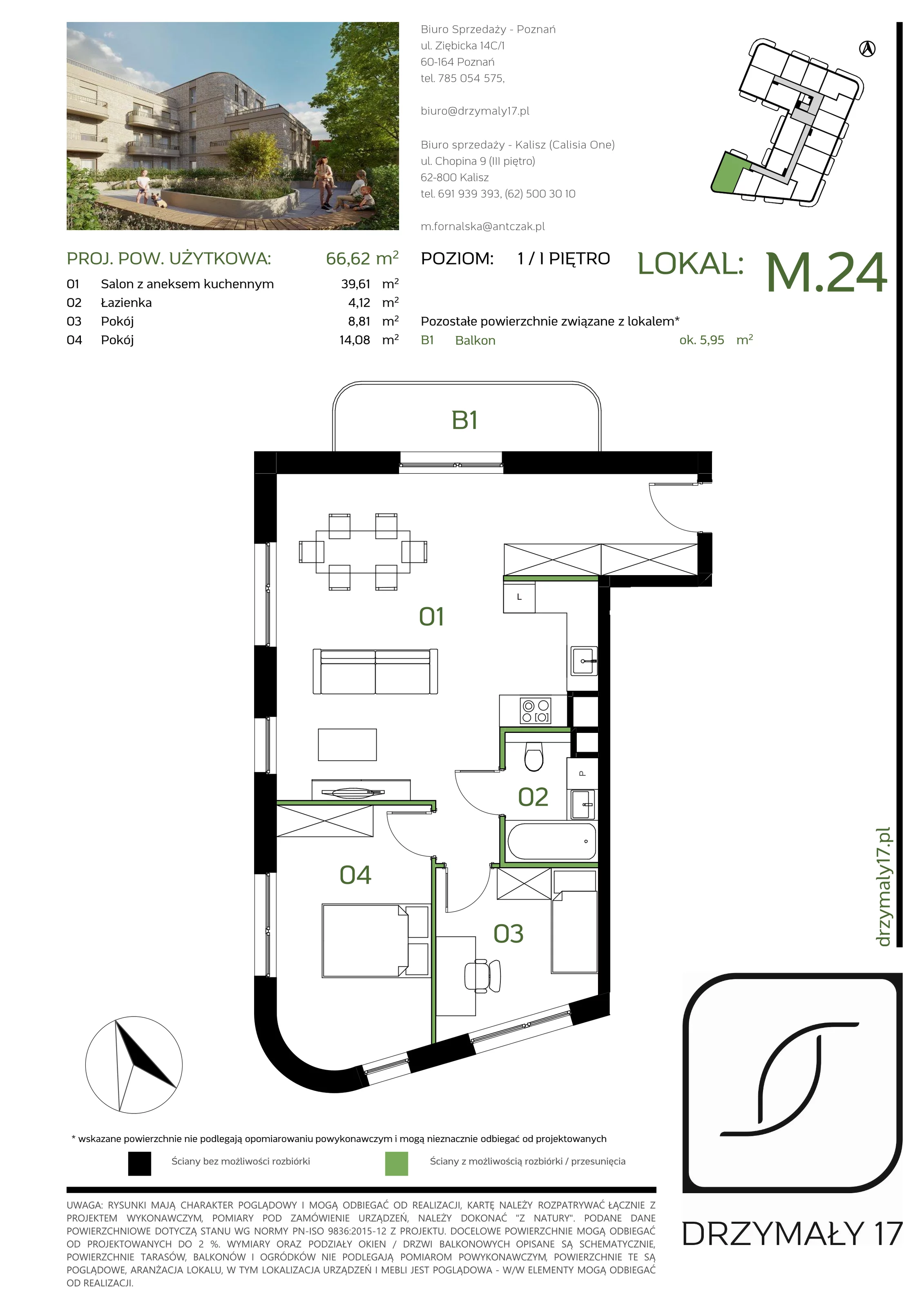 Mieszkanie 66,62 m², piętro 1, oferta nr M/24, Drzymały 17, Poznań, Sołacz, Sołacz, ul. Drzymały 17