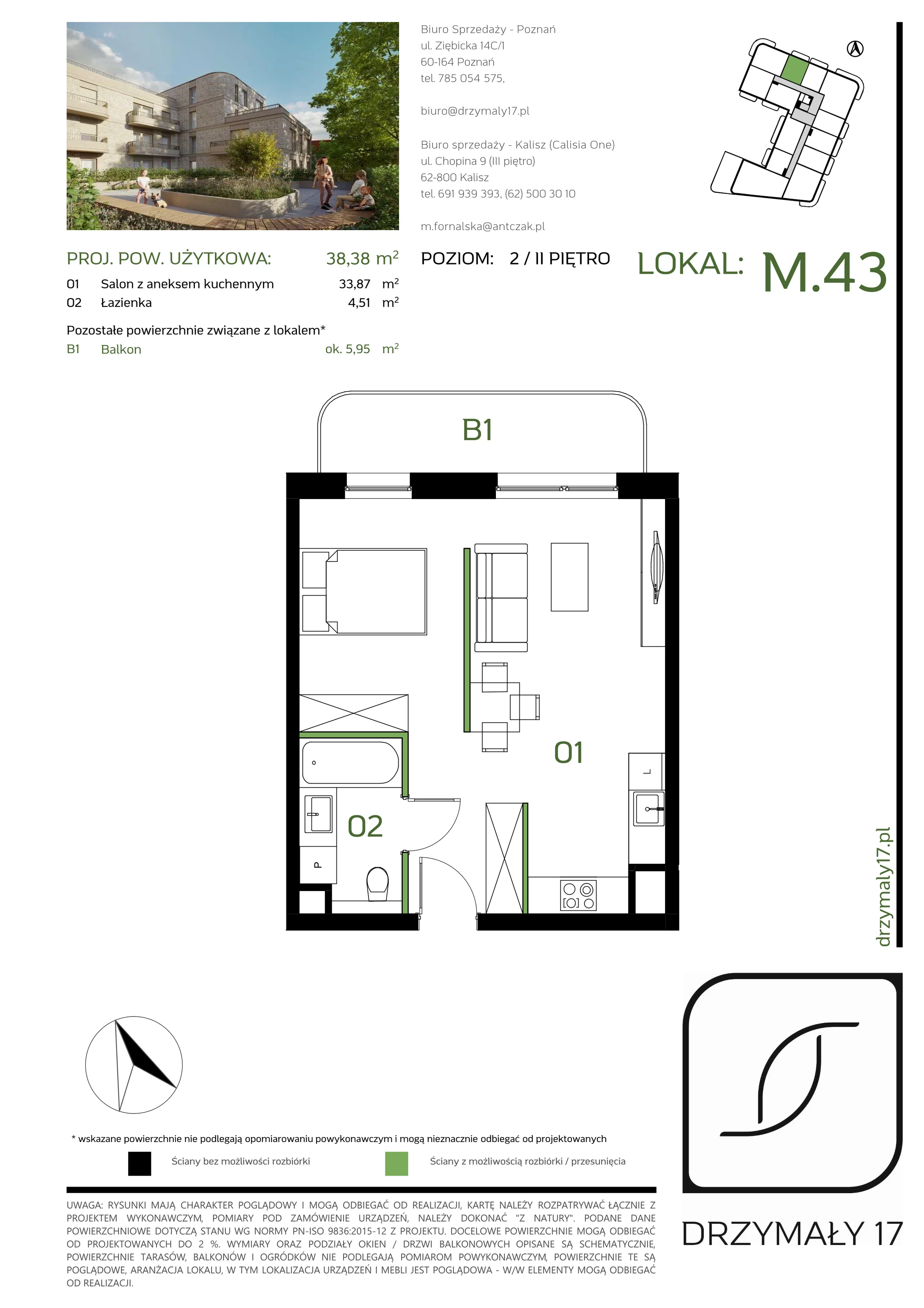 Mieszkanie 38,38 m², piętro 2, oferta nr M/43, Drzymały 17, Poznań, Sołacz, Sołacz, ul. Drzymały 17