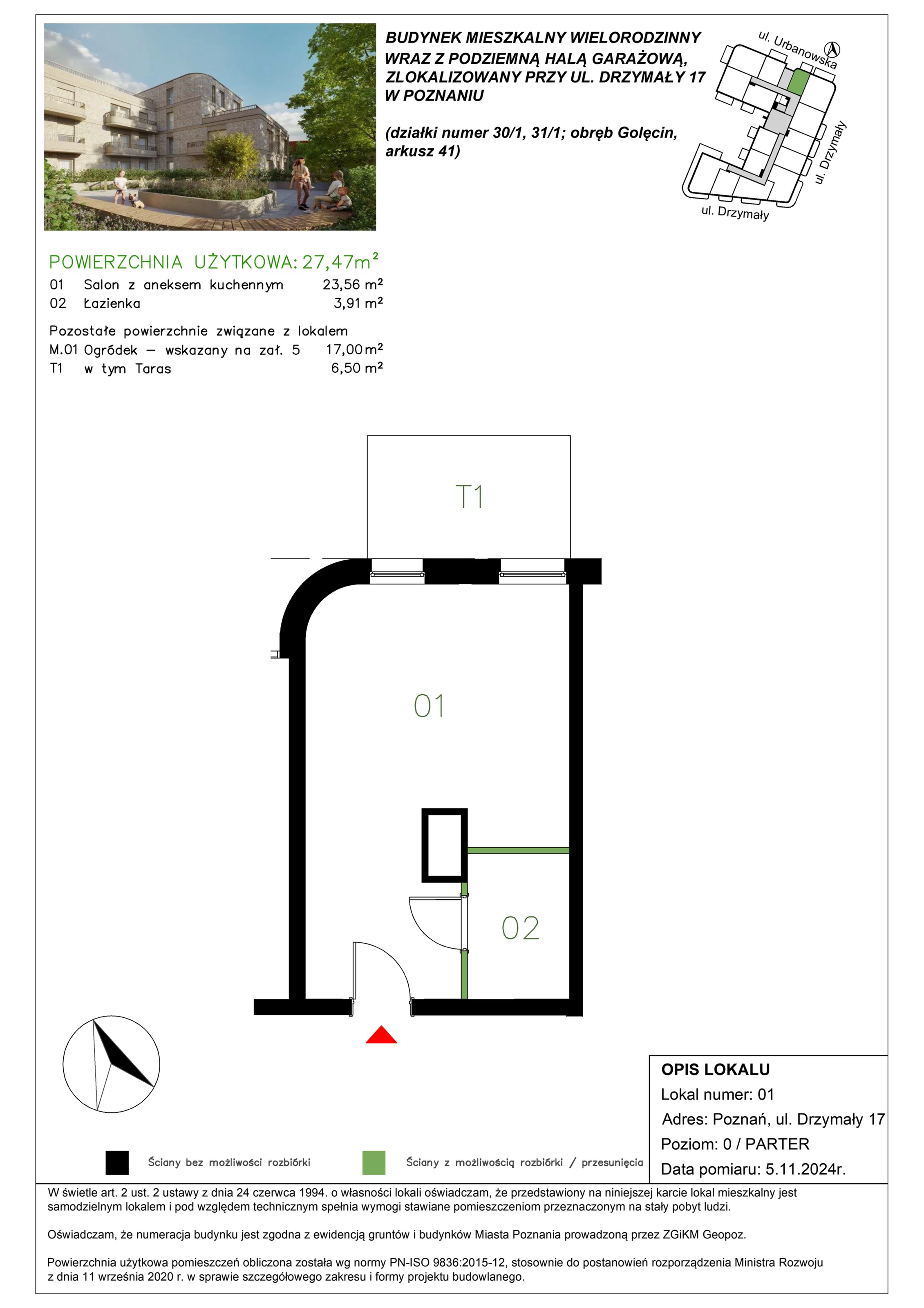 1 pokój, mieszkanie 27,57 m², parter, oferta nr M/01, Drzymały 17, Poznań, Sołacz, Sołacz, ul. Drzymały 17
