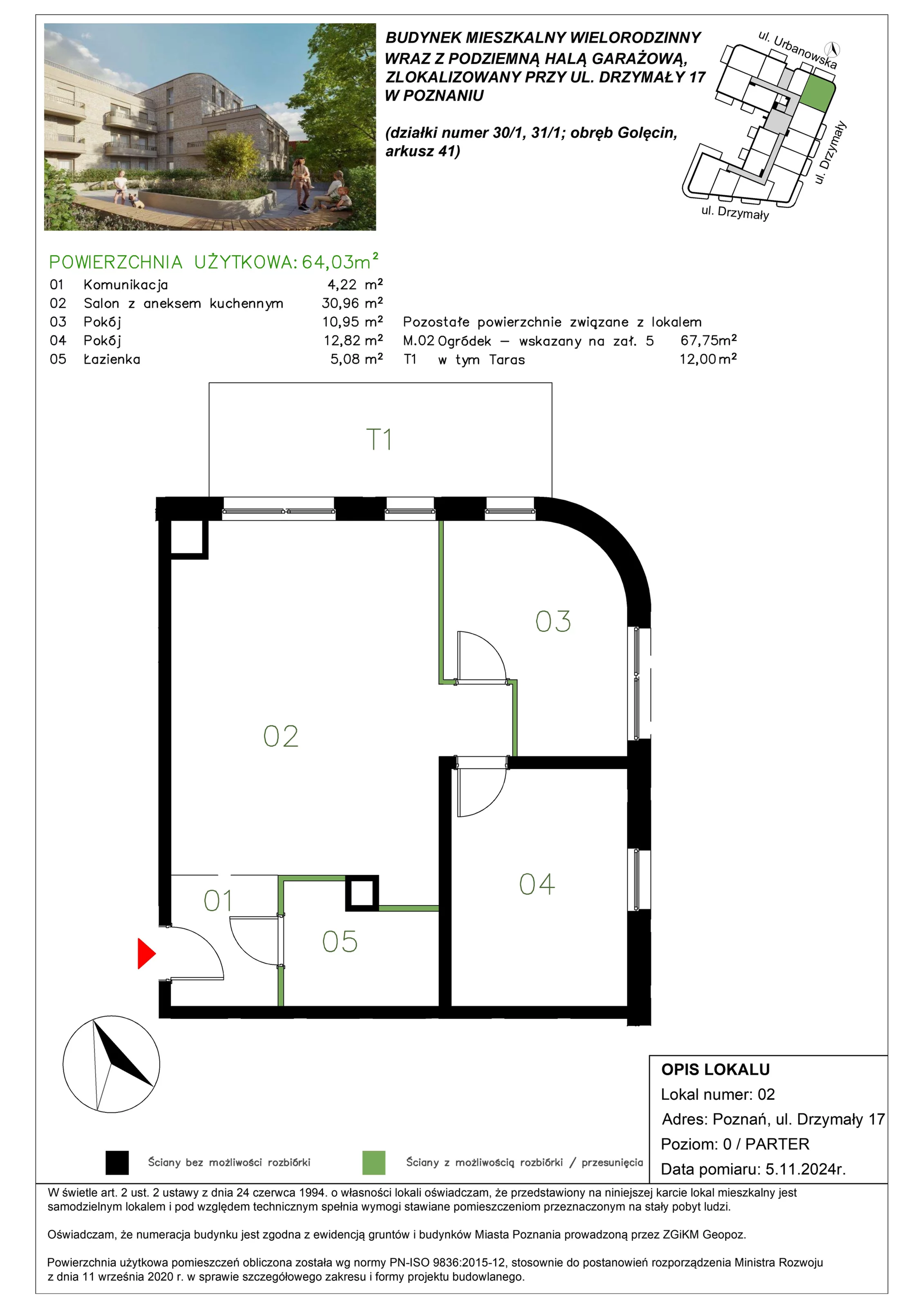 3 pokoje, mieszkanie 63,99 m², parter, oferta nr M/02, Drzymały 17, Poznań, Sołacz, Sołacz, ul. Drzymały 17