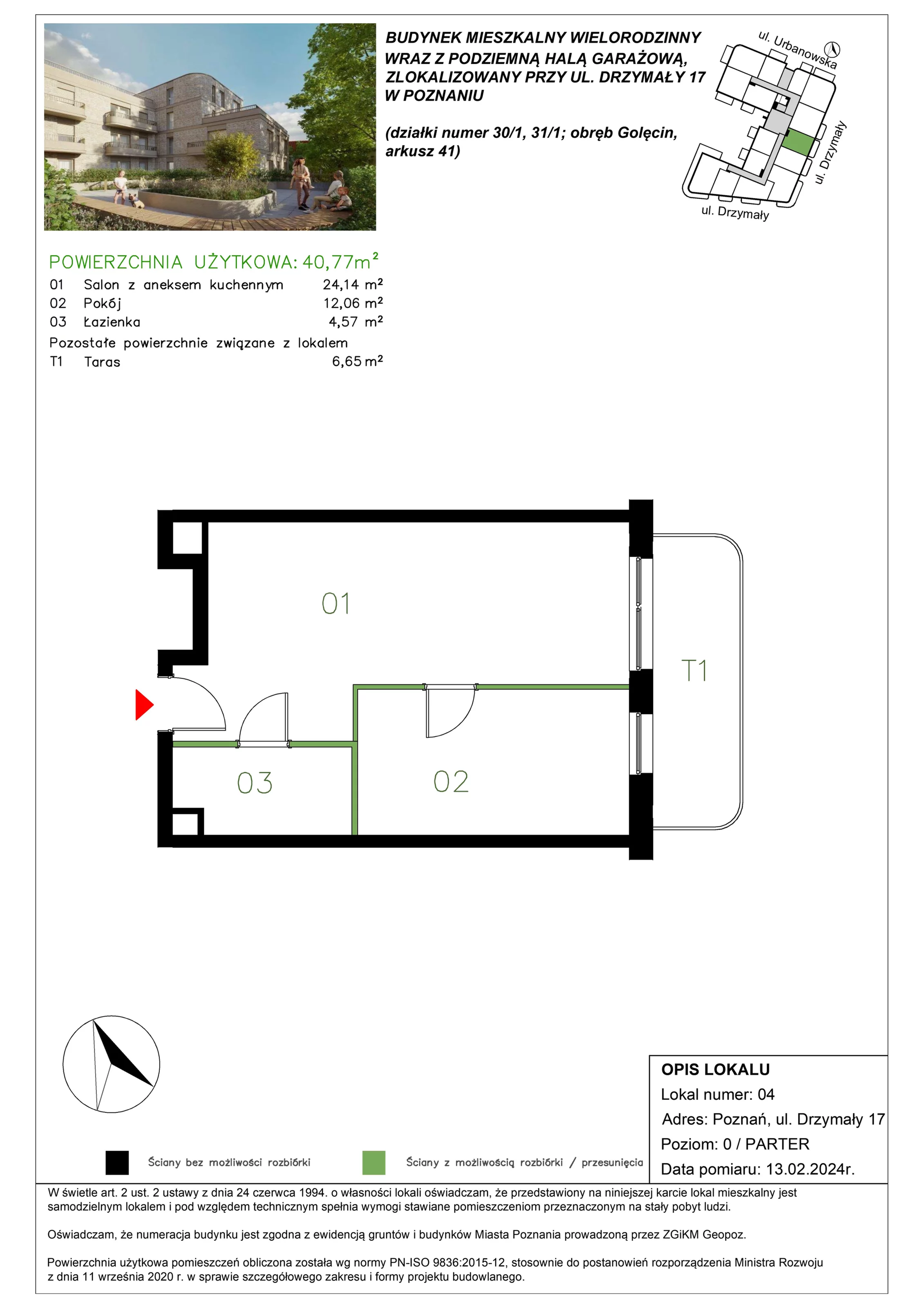 2 pokoje, mieszkanie 40,97 m², parter, oferta nr M/04, Drzymały 17, Poznań, Sołacz, Sołacz, ul. Drzymały 17