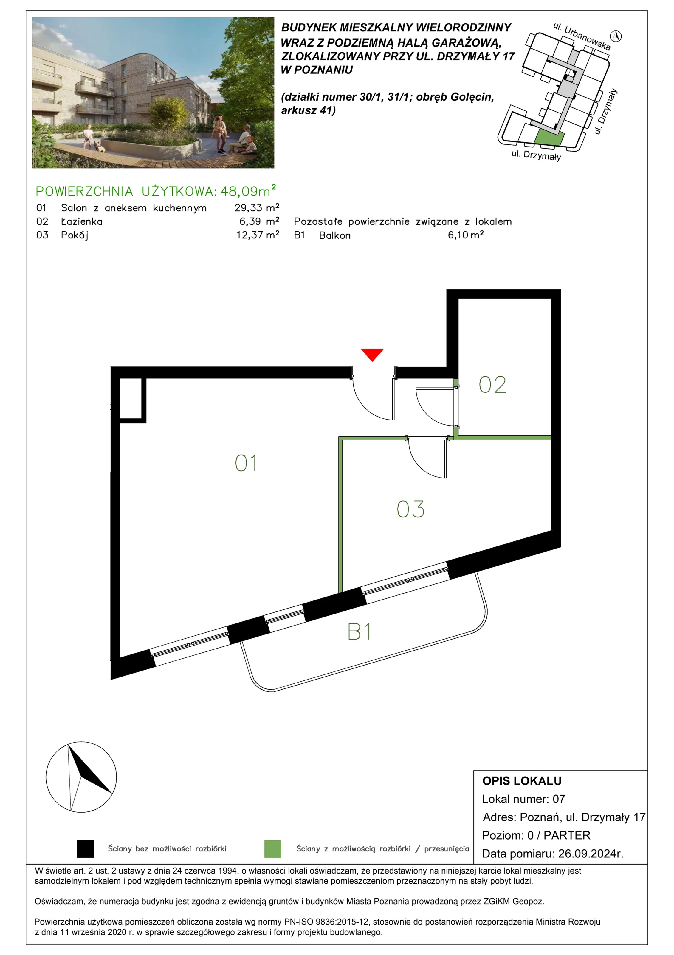 2 pokoje, mieszkanie 48,31 m², parter, oferta nr M/07, Drzymały 17, Poznań, Sołacz, Sołacz, ul. Drzymały 17