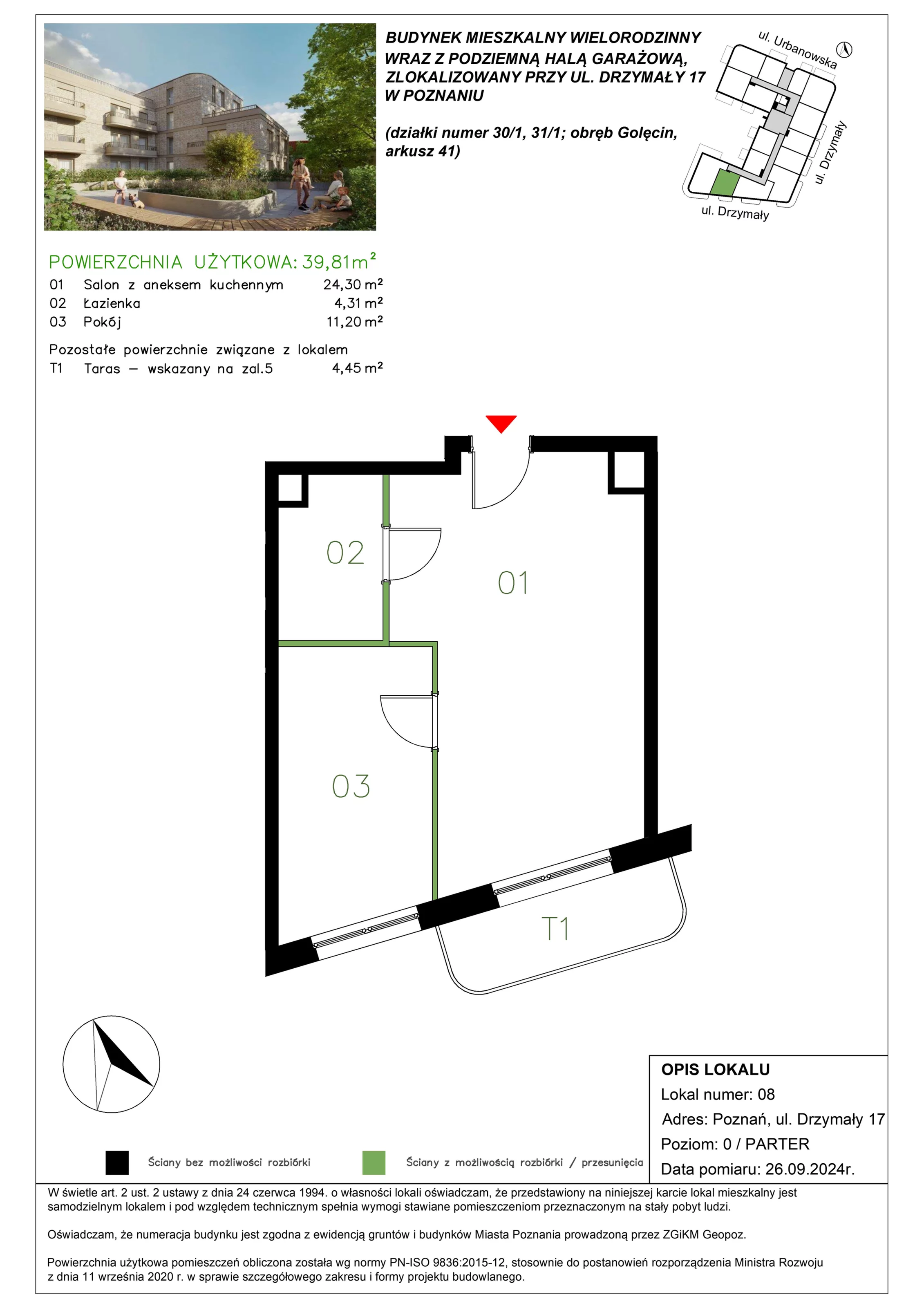 2 pokoje, mieszkanie 39,89 m², parter, oferta nr M/08, Drzymały 17, Poznań, Sołacz, Sołacz, ul. Drzymały 17