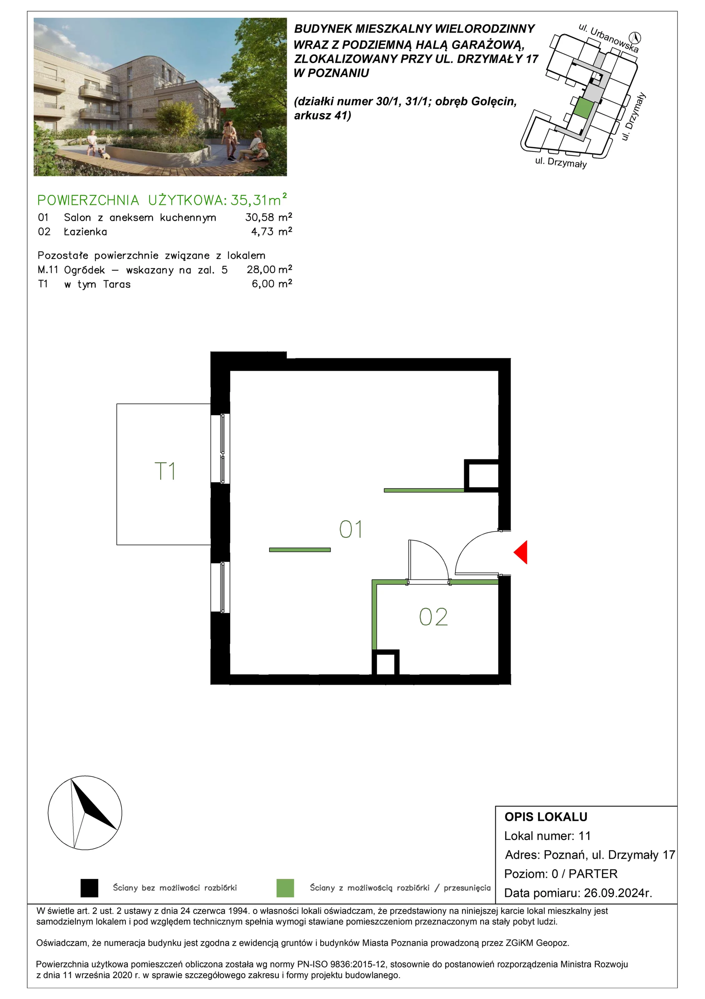 1 pokój, mieszkanie 35,45 m², parter, oferta nr M/11, Drzymały 17, Poznań, Sołacz, Sołacz, ul. Drzymały 17