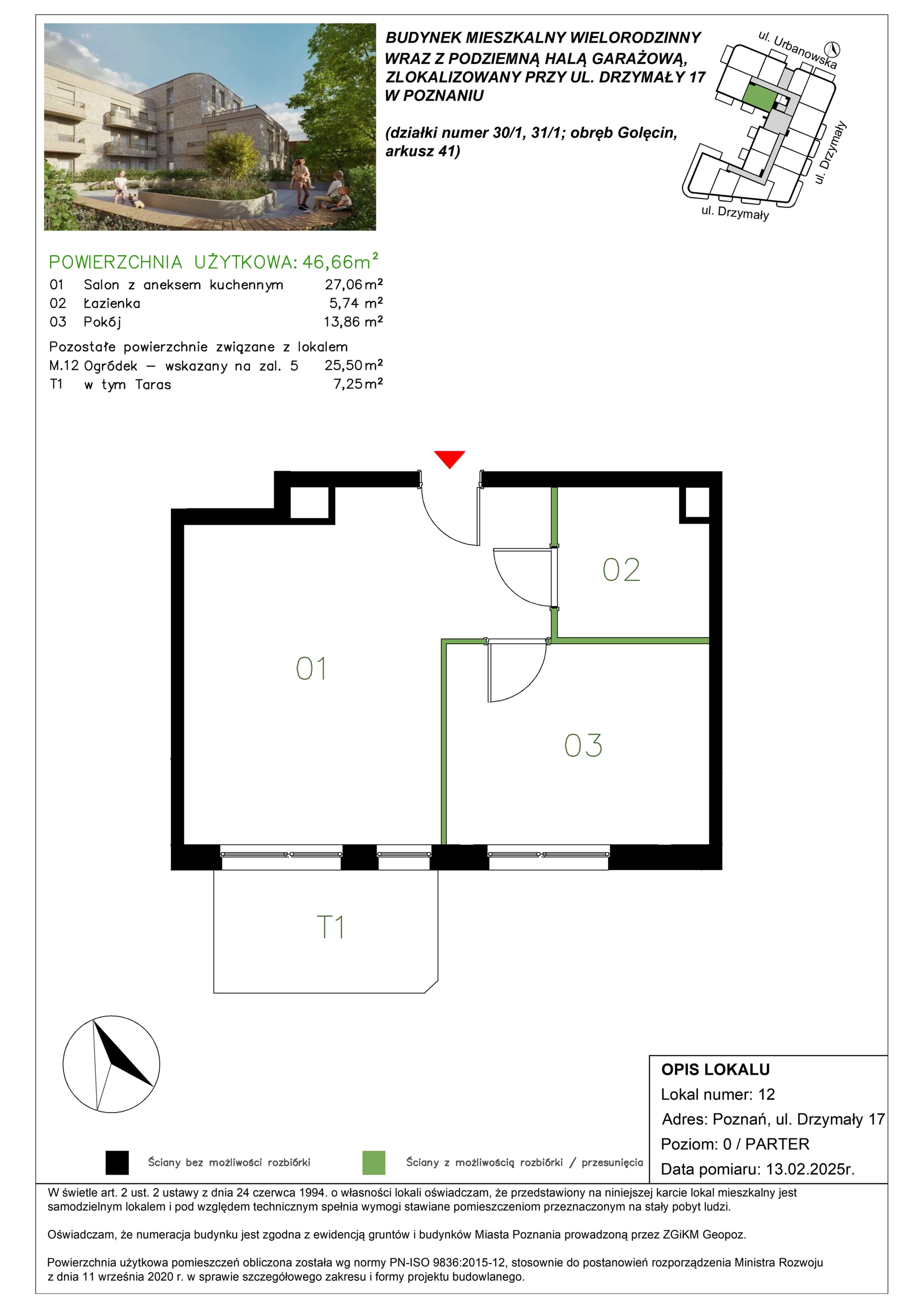 2 pokoje, mieszkanie 46,82 m², parter, oferta nr M/12, Drzymały 17, Poznań, Sołacz, Sołacz, ul. Drzymały 17