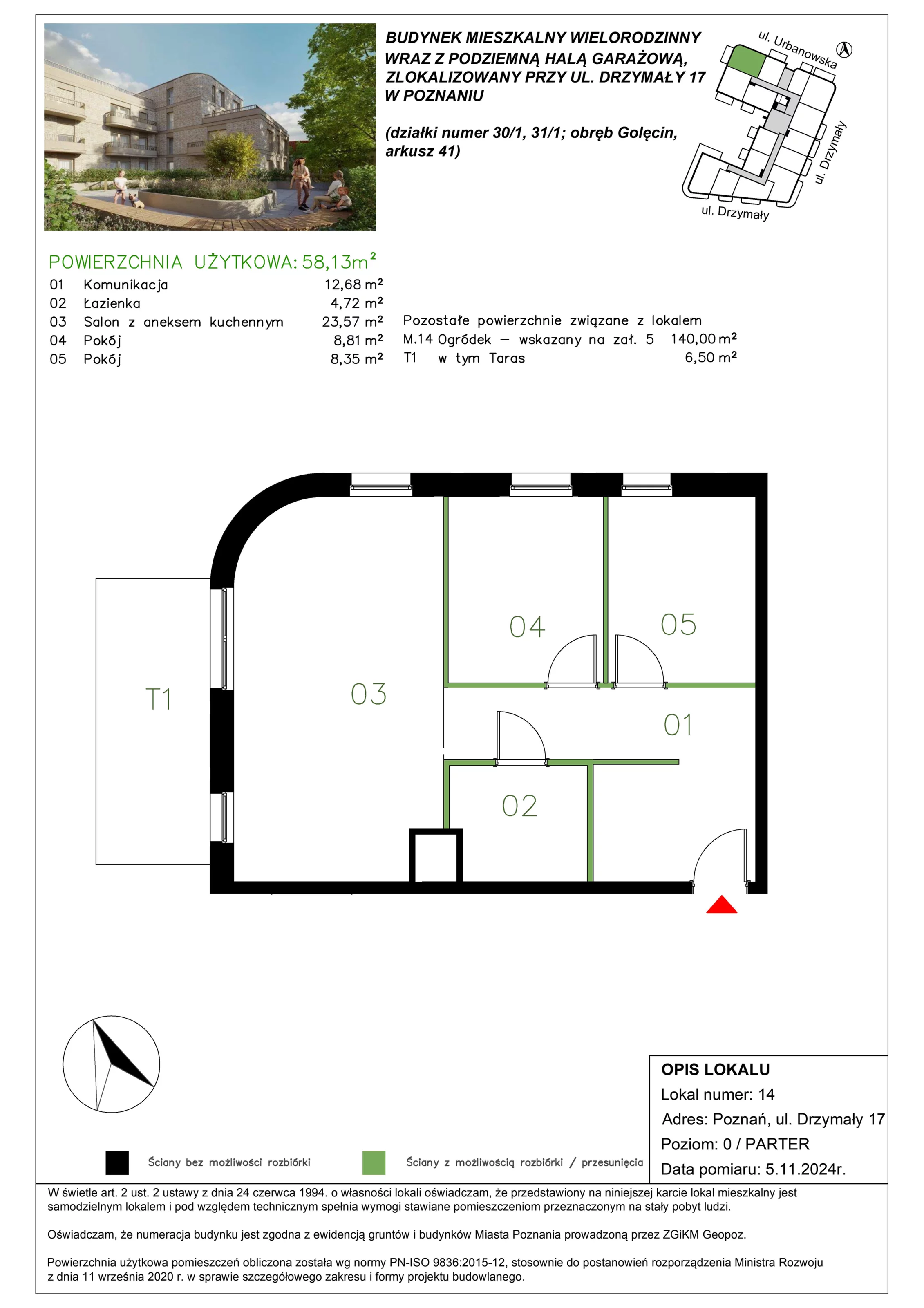 3 pokoje, mieszkanie 58,32 m², parter, oferta nr M/14, Drzymały 17, Poznań, Sołacz, Sołacz, ul. Drzymały 17