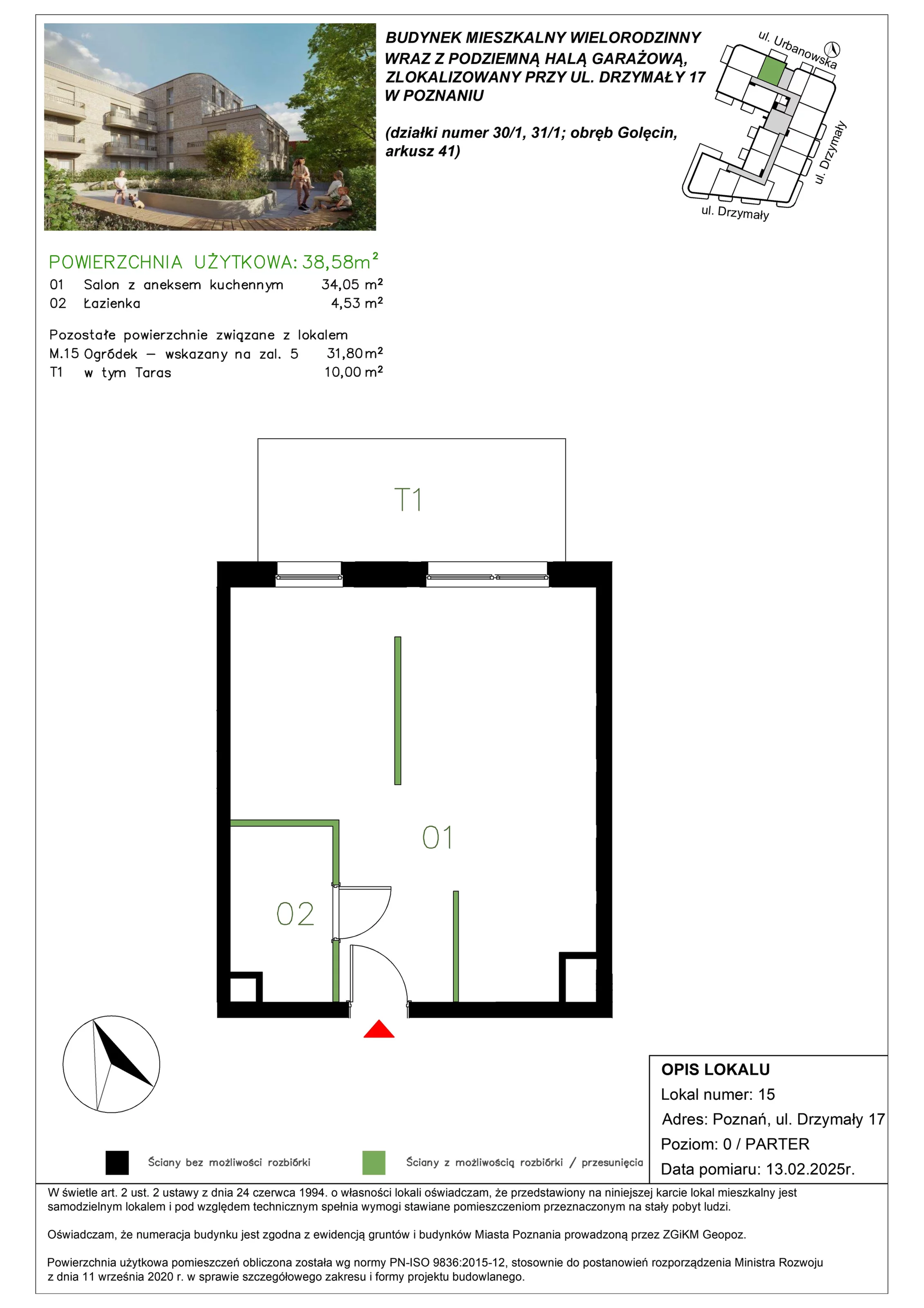 1 pokój, mieszkanie 38,44 m², parter, oferta nr M/15, Drzymały 17, Poznań, Sołacz, Sołacz, ul. Drzymały 17