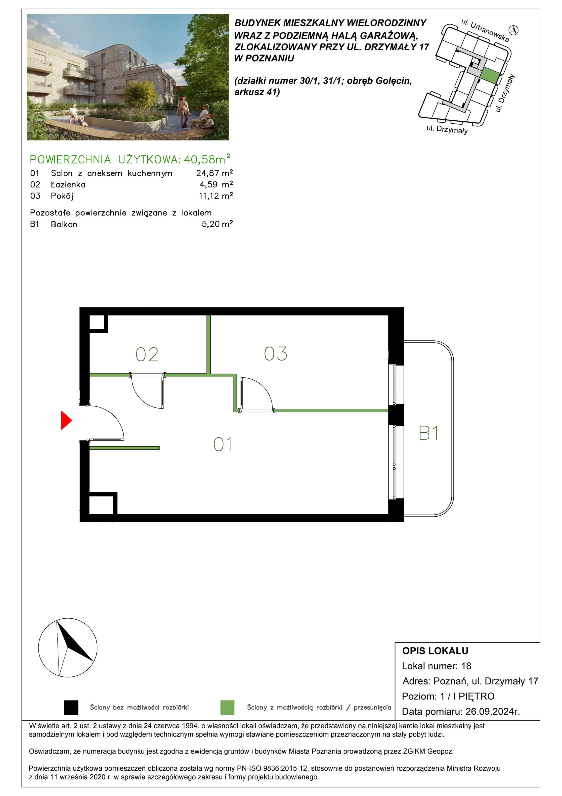 2 pokoje, mieszkanie 40,58 m², piętro 1, oferta nr M/18, Drzymały 17, Poznań, Sołacz, Sołacz, ul. Drzymały 17
