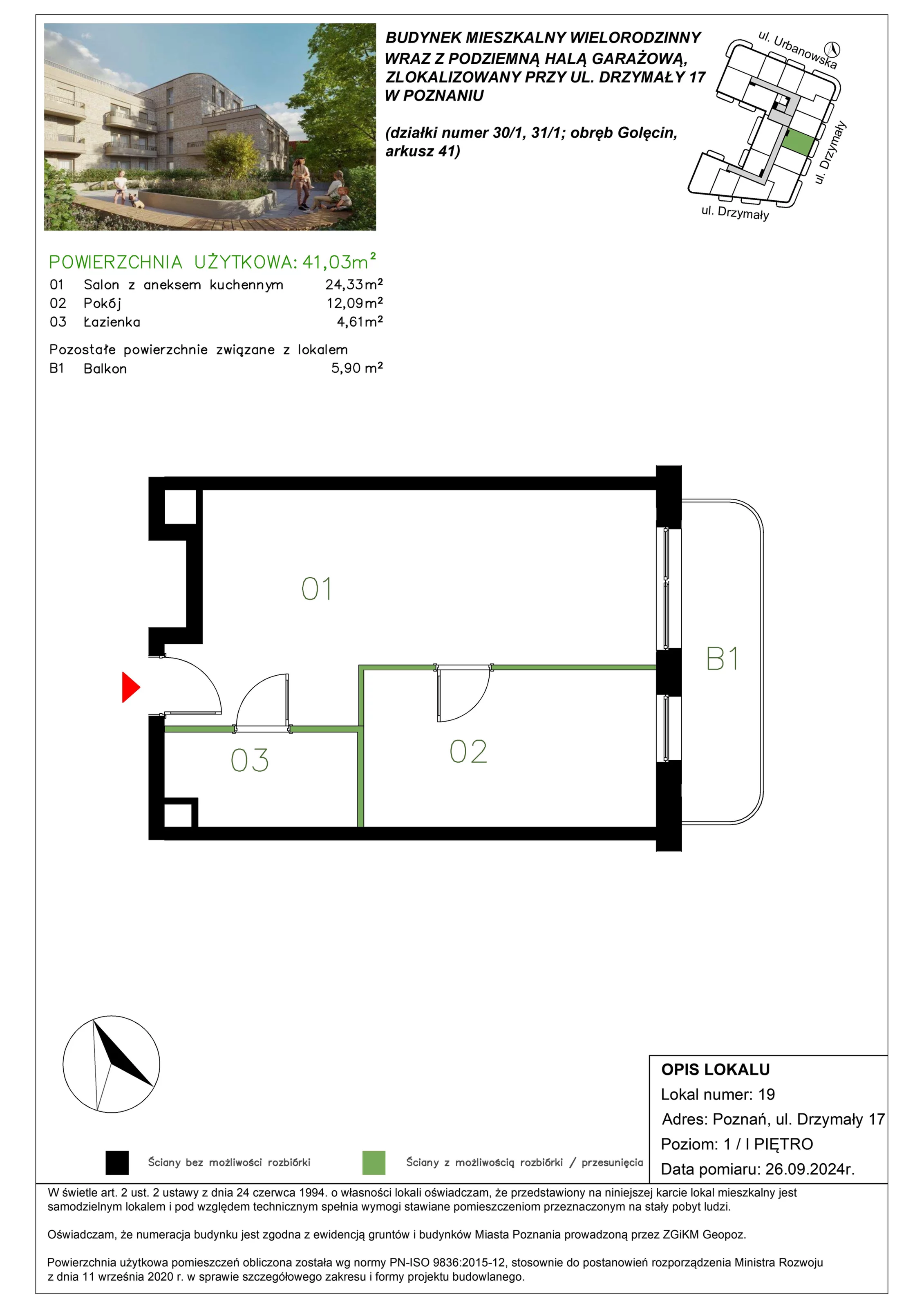2 pokoje, mieszkanie 40,98 m², piętro 1, oferta nr M/19, Drzymały 17, Poznań, Sołacz, Sołacz, ul. Drzymały 17