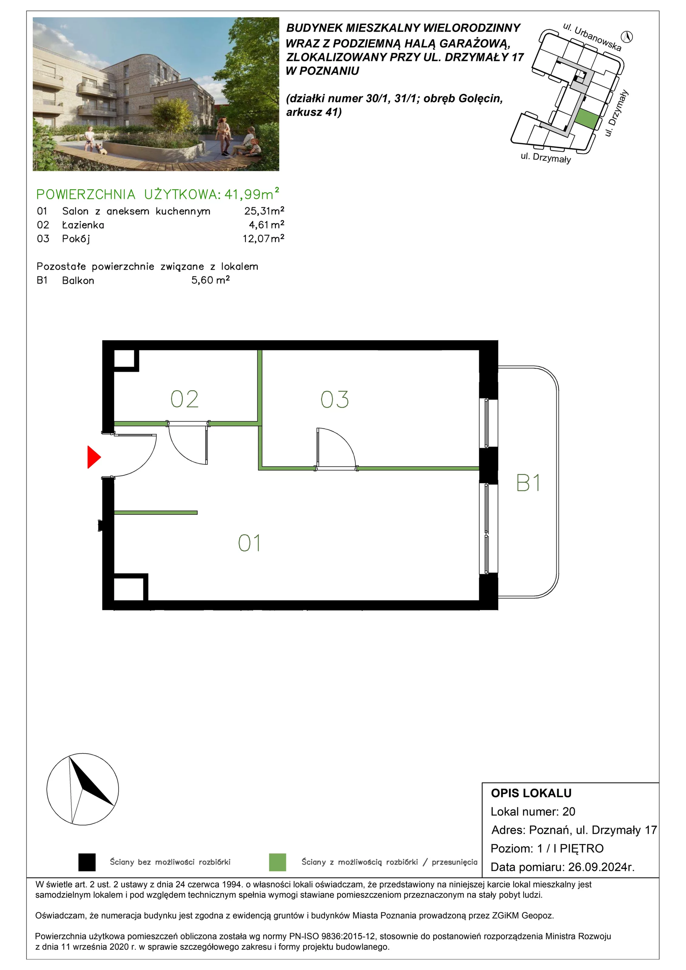 2 pokoje, mieszkanie 41,99 m², piętro 1, oferta nr M/20, Drzymały 17, Poznań, Sołacz, Sołacz, ul. Drzymały 17