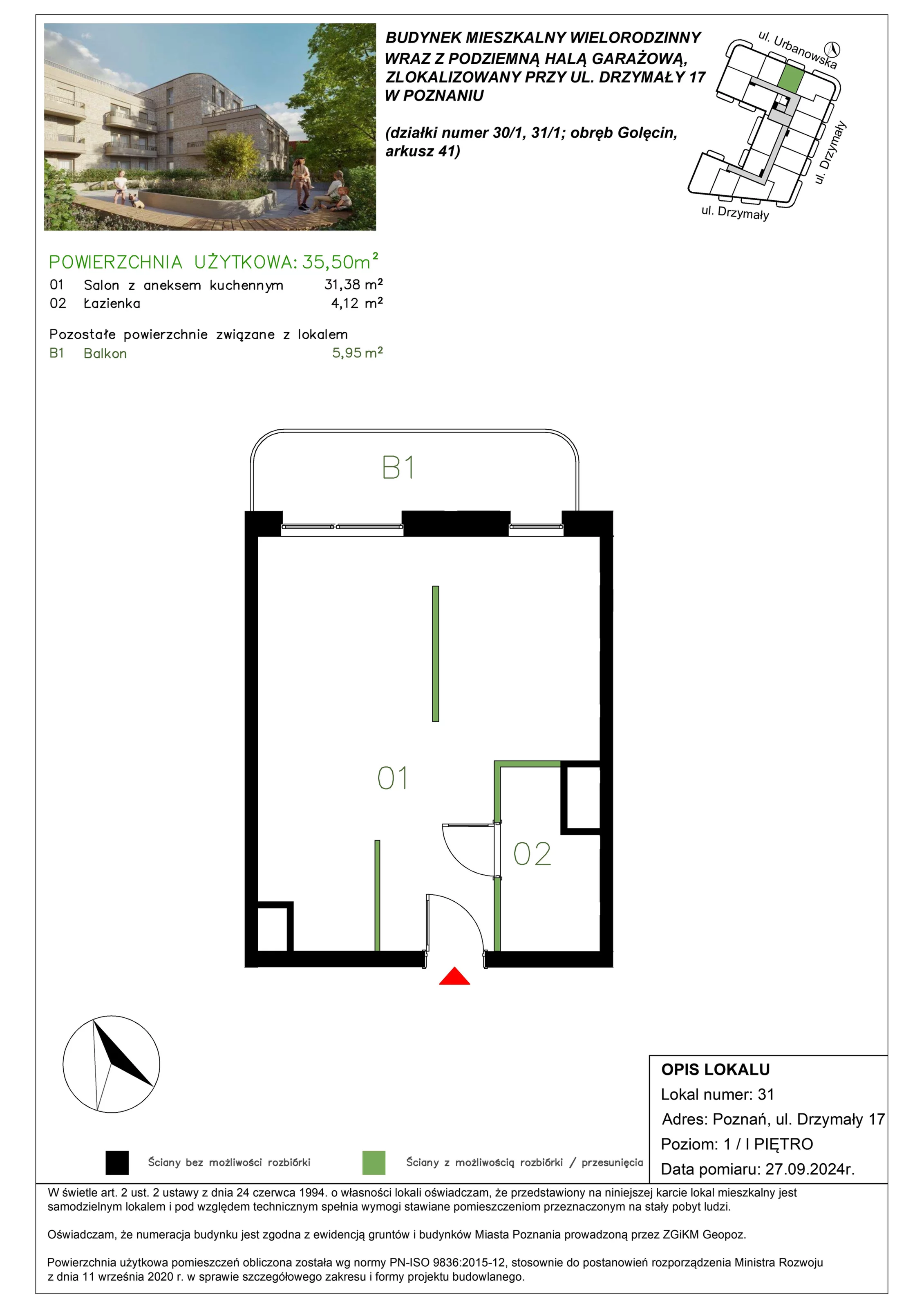 1 pokój, mieszkanie 35,43 m², piętro 1, oferta nr M/31, Drzymały 17, Poznań, Sołacz, Sołacz, ul. Drzymały 17