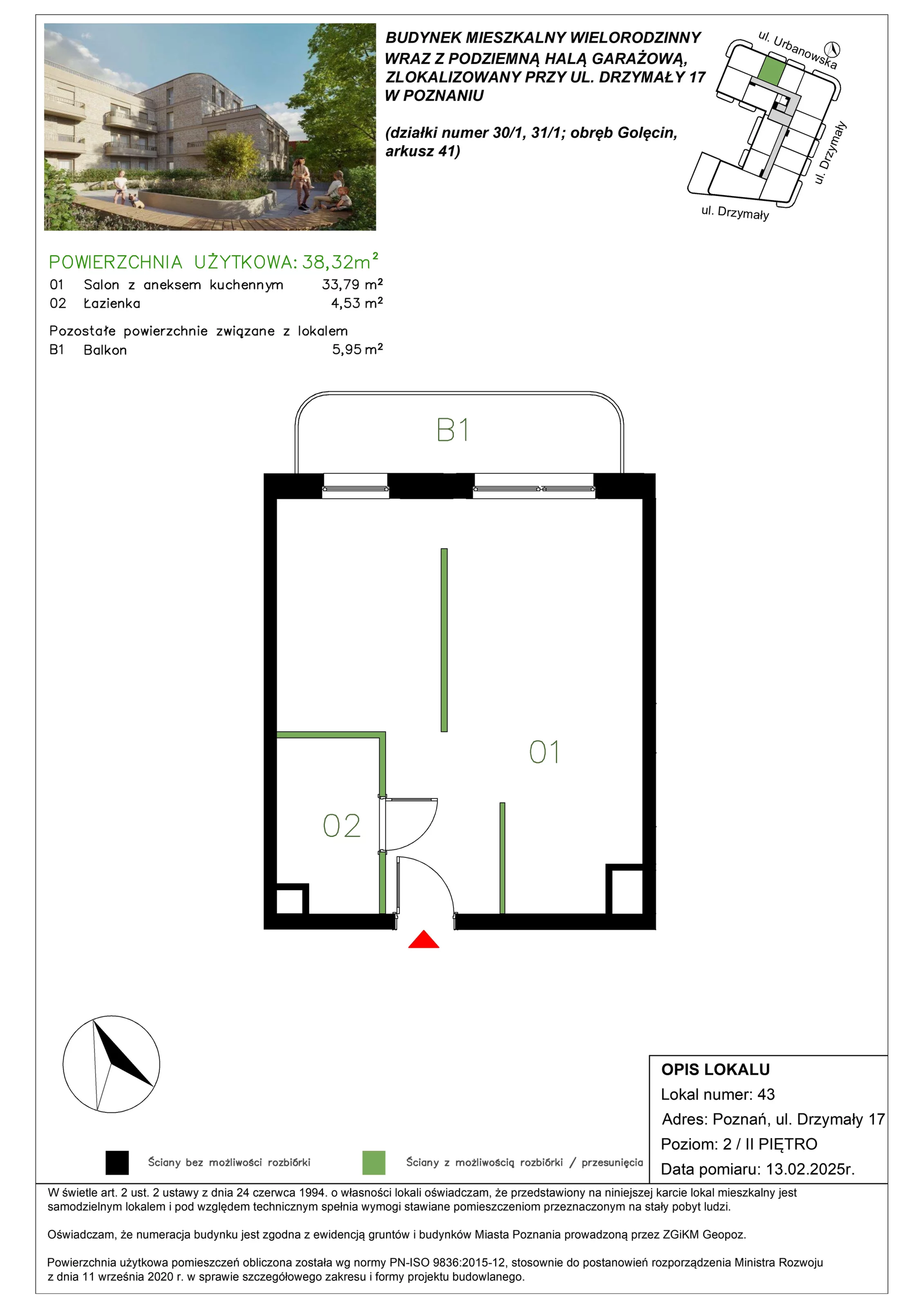 1 pokój, mieszkanie 38,38 m², piętro 2, oferta nr M/43, Drzymały 17, Poznań, Sołacz, Sołacz, ul. Drzymały 17